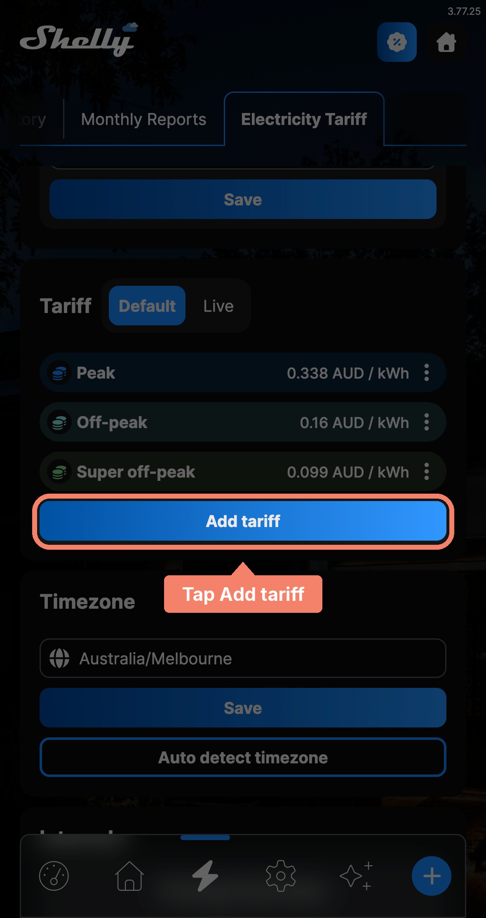 Shelly app Tariff list showing Peak, Off-peak and Super off-peak with their prices per kWh, and the Add tariff button marked.