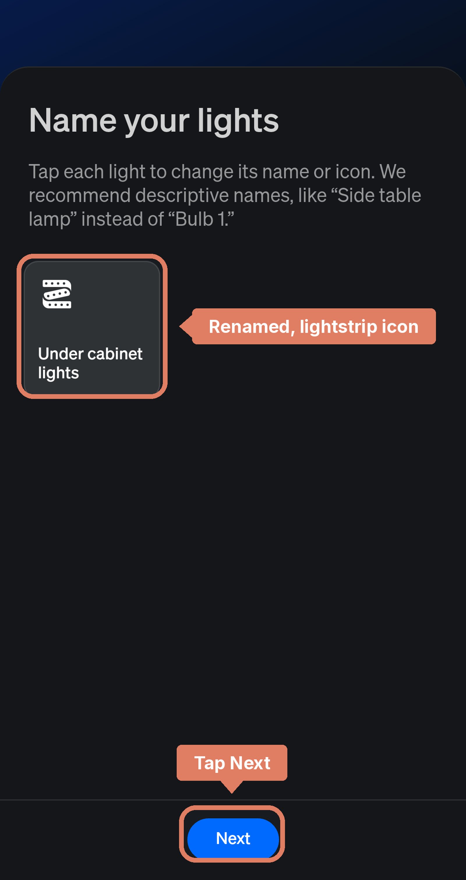 Philips Hue app Name your lights screen with Under cabinet lights and its lightstrip icon labelled, and Next marked.