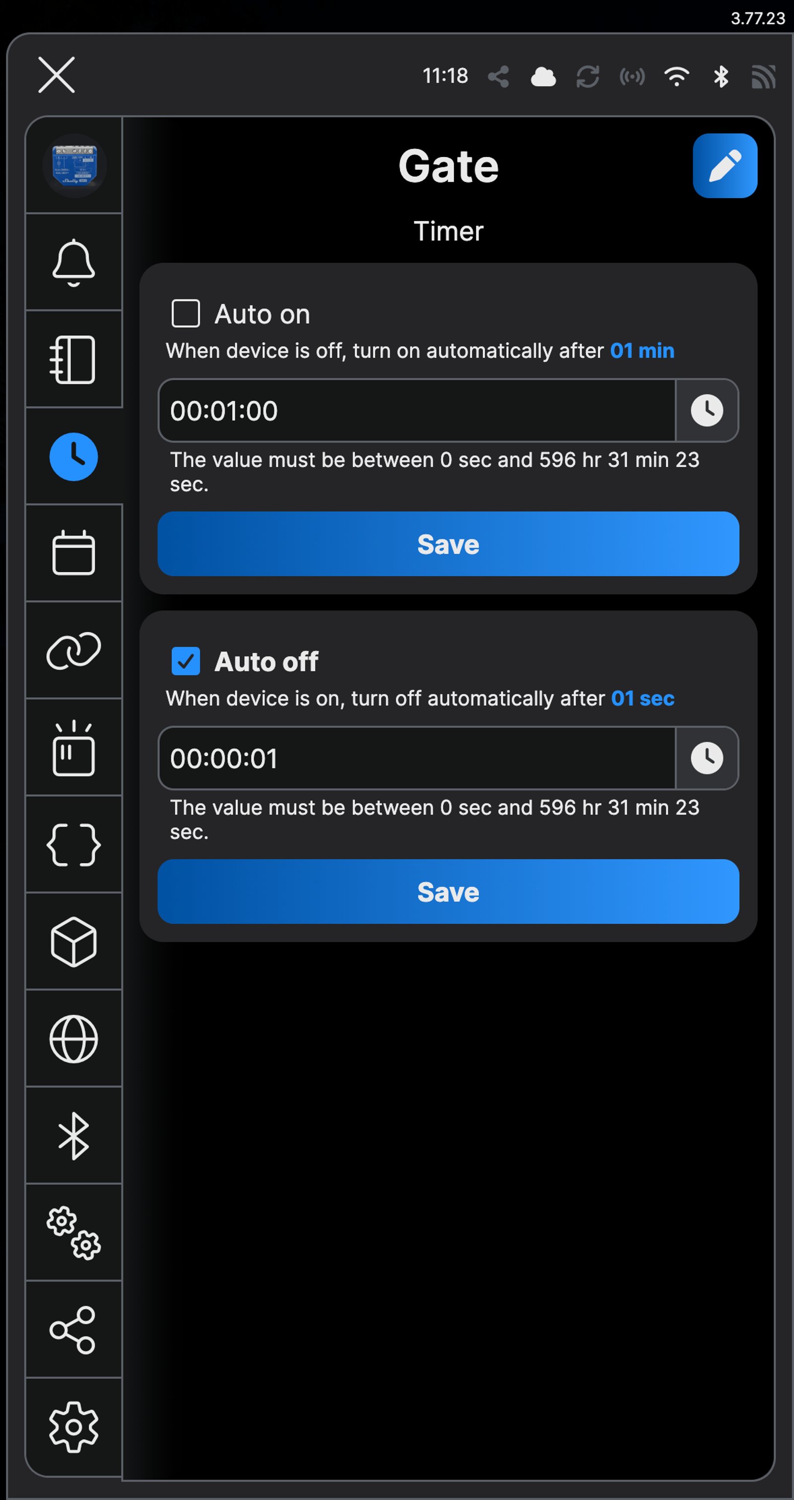 Shelly app timer screen for a device named Gate, with auto off set to one second.
