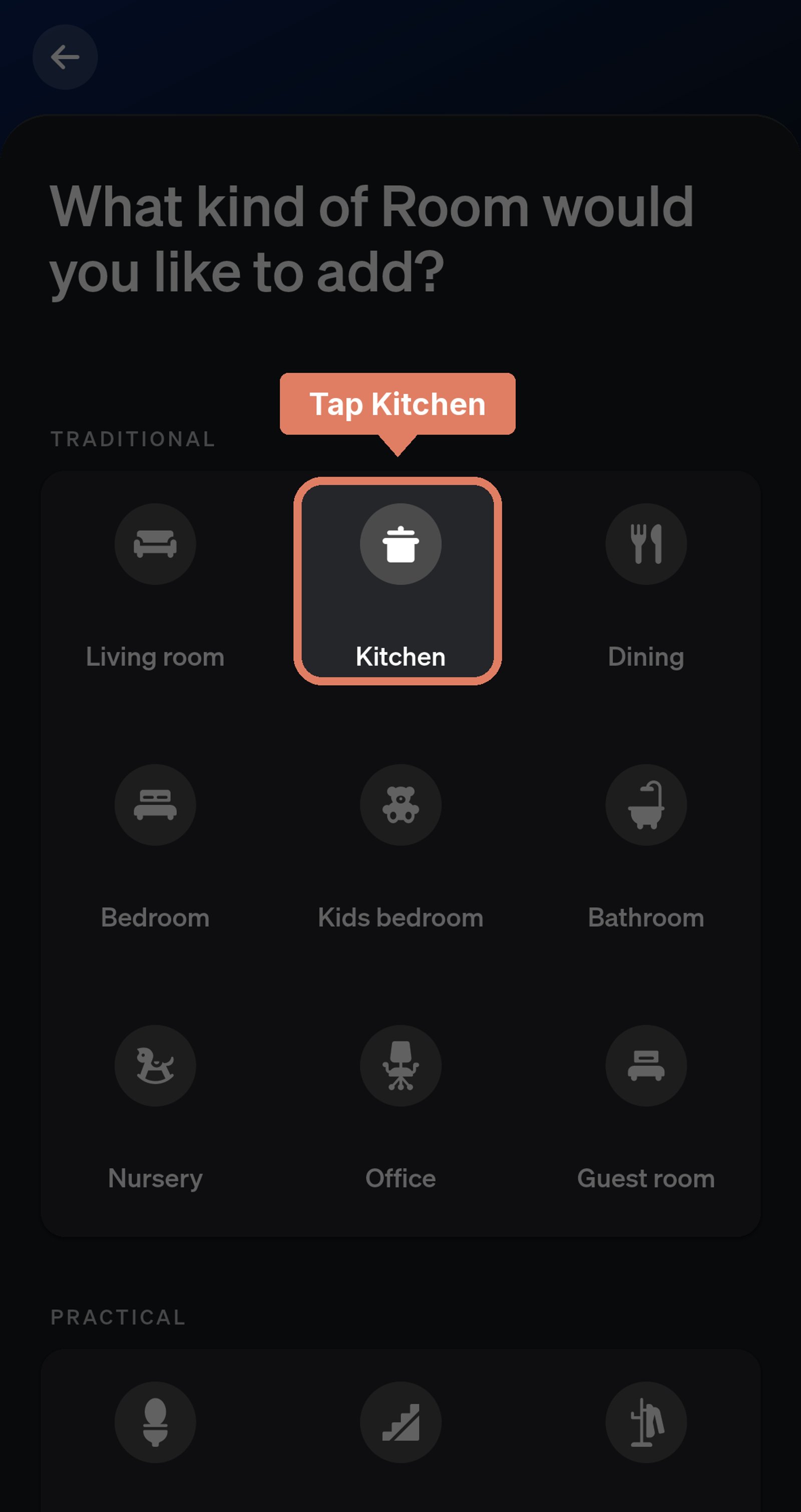 Philips Hue app room type list, dimmed except Kitchen, with a Tap Kitchen label.