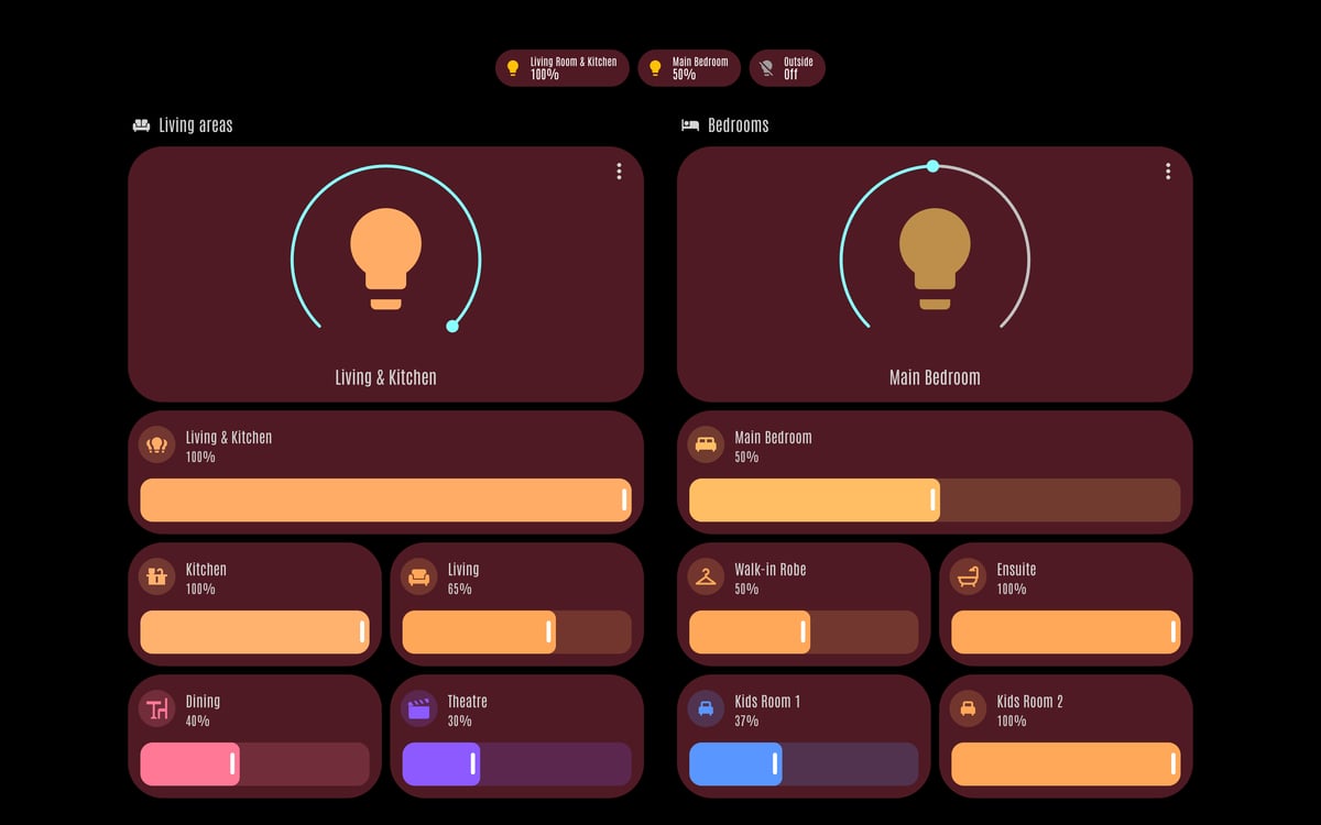 Home Assistant lights lab dashboard running the LCARS theme (Cardassia), on desktop