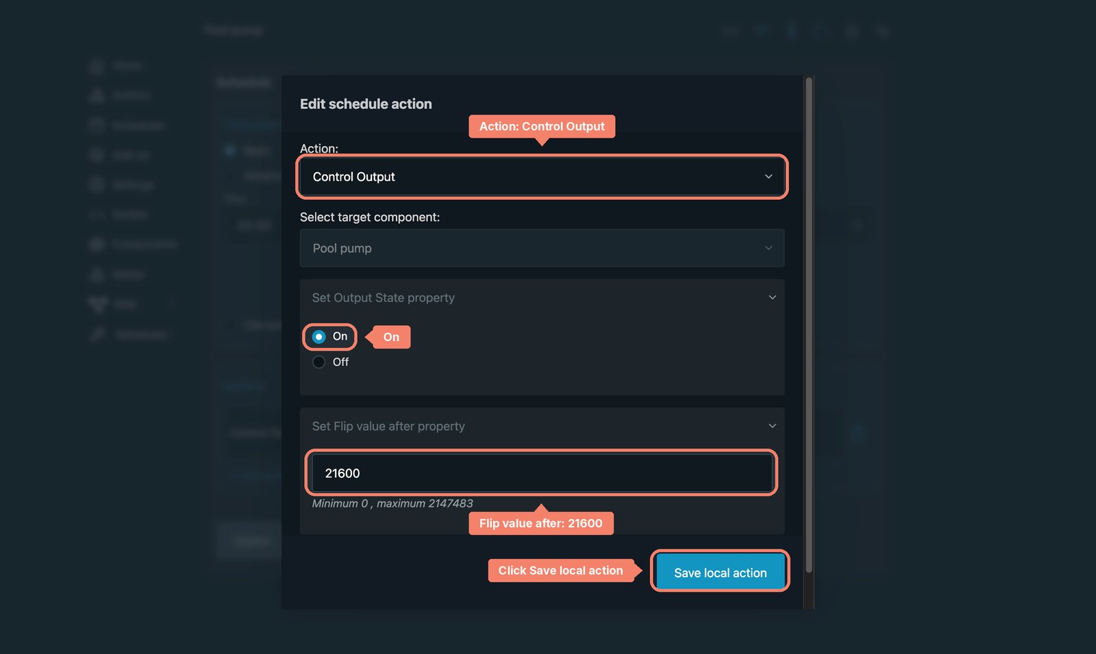 Shelly local web interface Edit schedule action dialog for Pool pump: Control Output, On, flip value after 21600, with each setting labelled and Save local action marked.