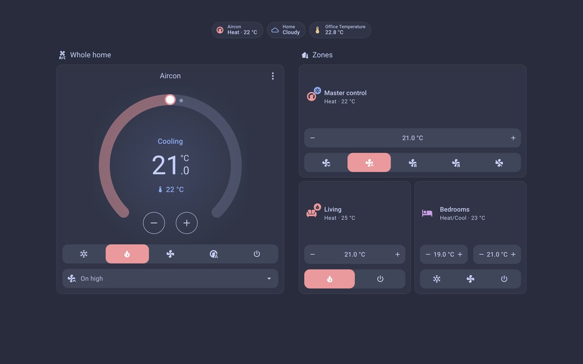 Home Assistant aircon lab dashboard running the Catppuccin theme (Frappe), on desktop