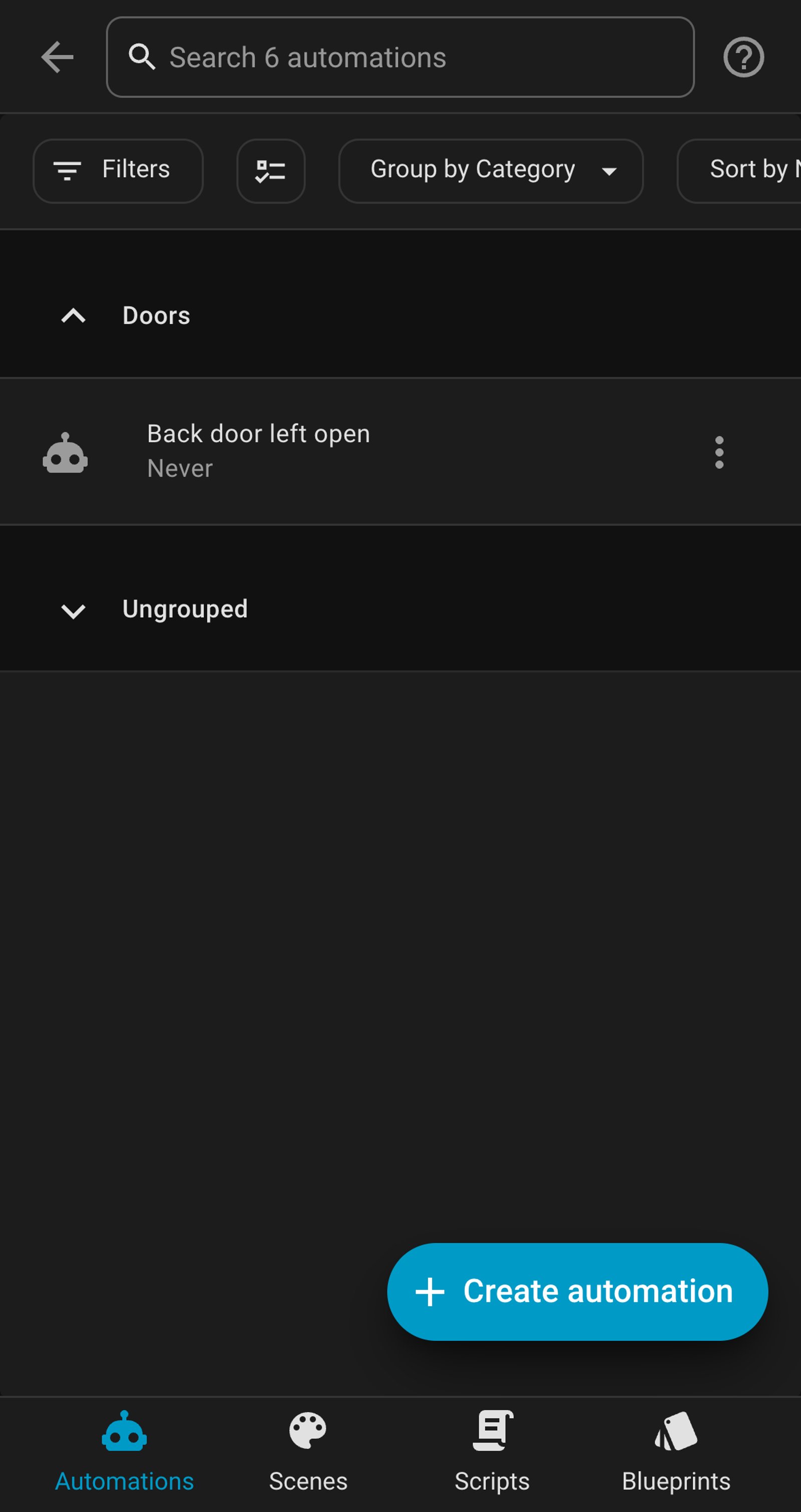Home Assistant automations list showing Back door left open in a Doors group.