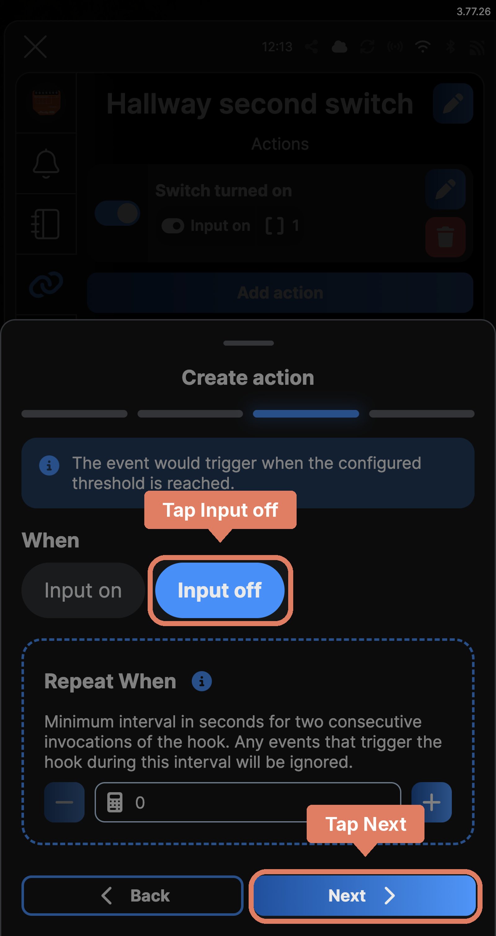 Shelly app Create action for Hallway second switch at the When step, with Input off chosen and Next marked.