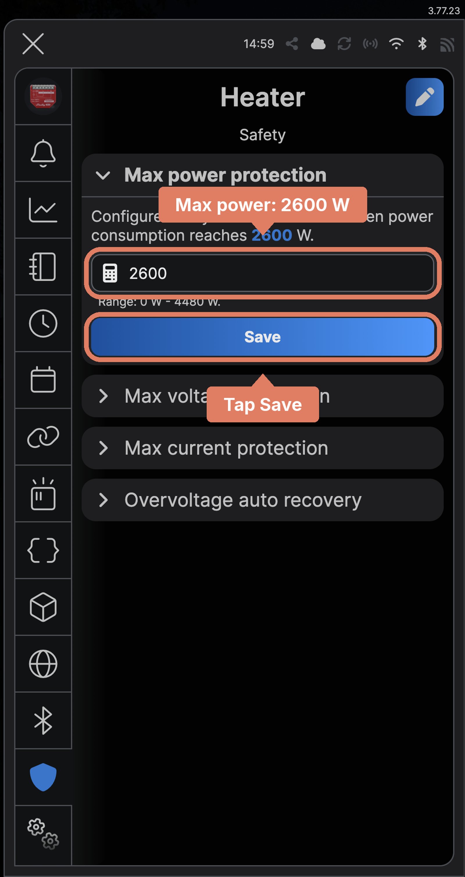 Shelly app safety screen for a device named Heater, with max power protection at 2600 W labelled and Save marked.