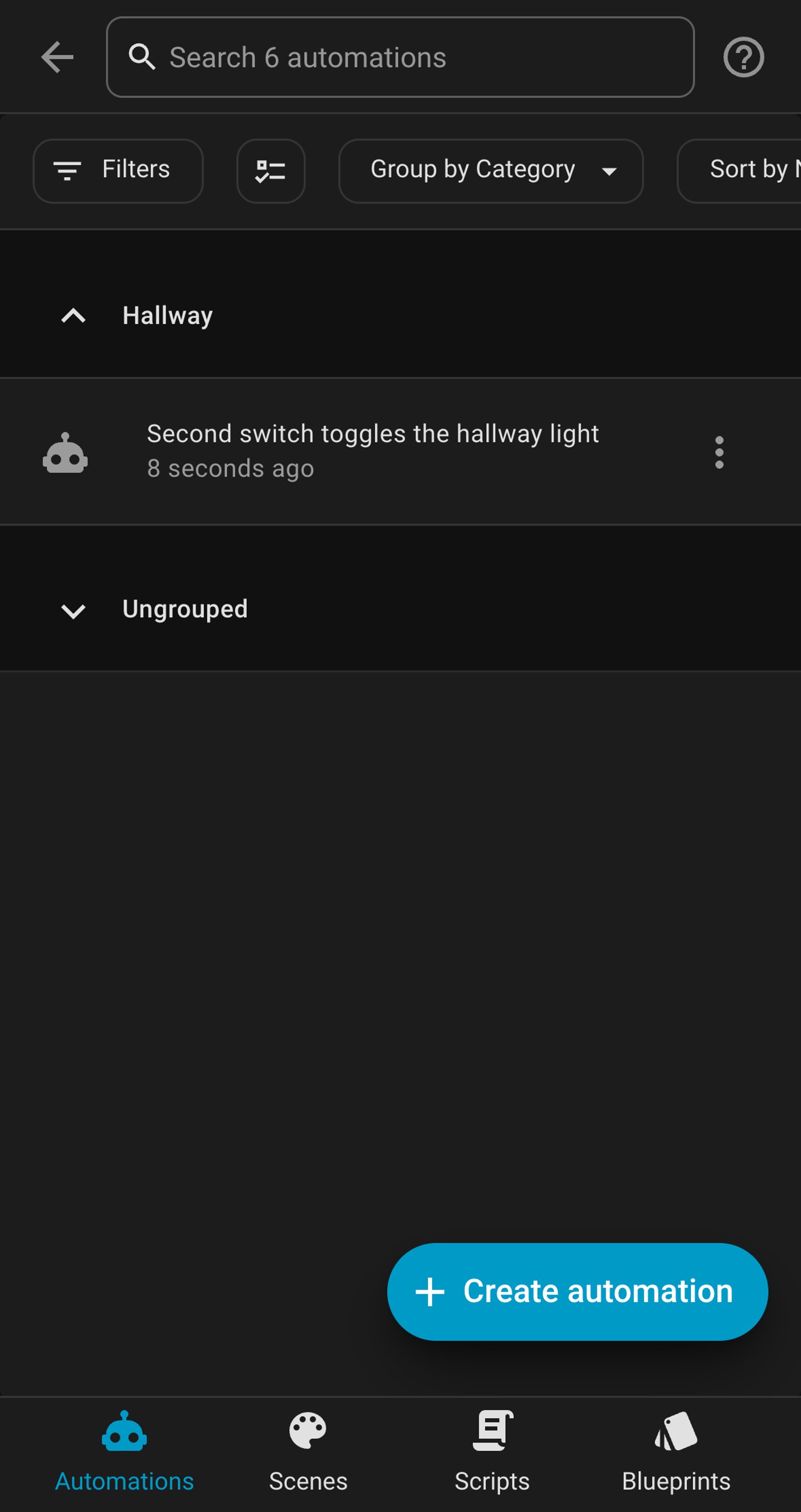 Home Assistant automations list showing Second switch toggles the hallway light in a Hallway group, last run seconds ago.
