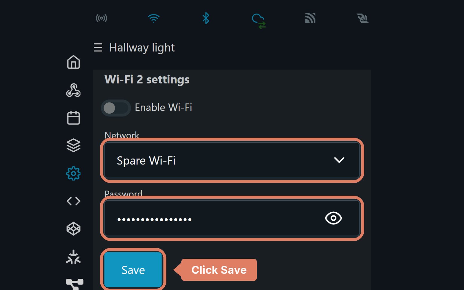 The Shelly web page's Wi-Fi 2 settings, with a network name and password entered and the Save button marked