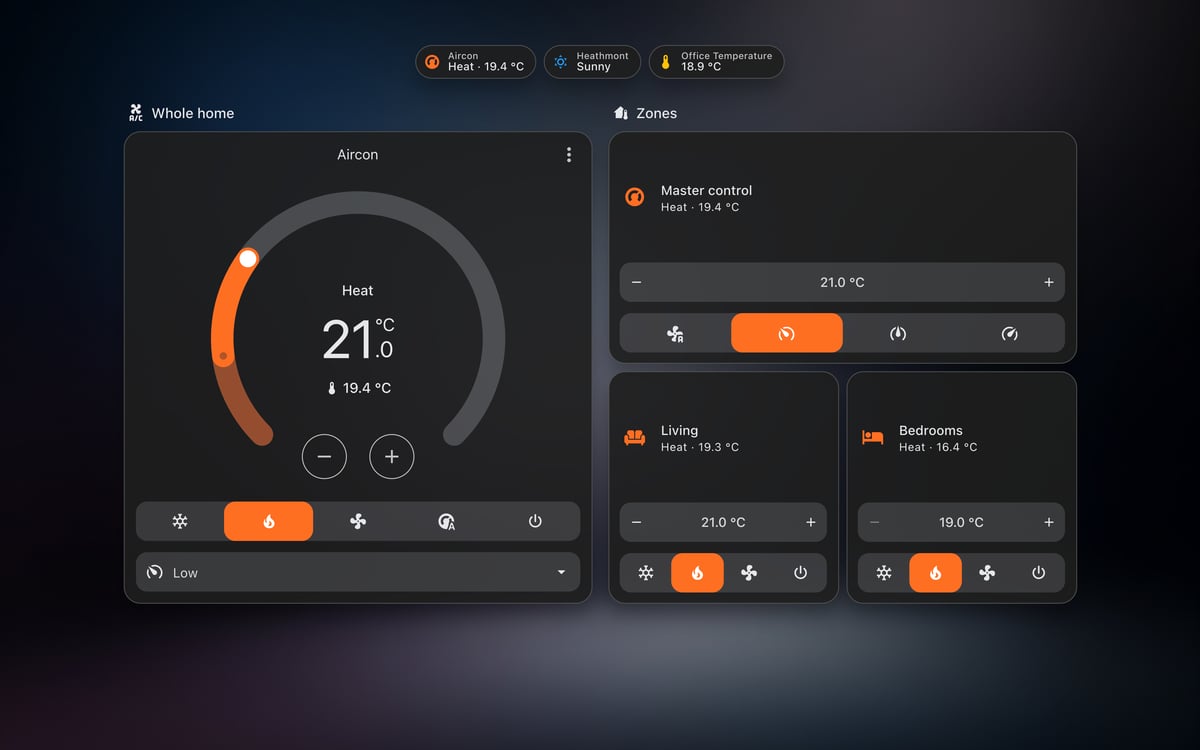 Home Assistant aircon lab dashboard running the Frosted Glass theme (Dark), on desktop
