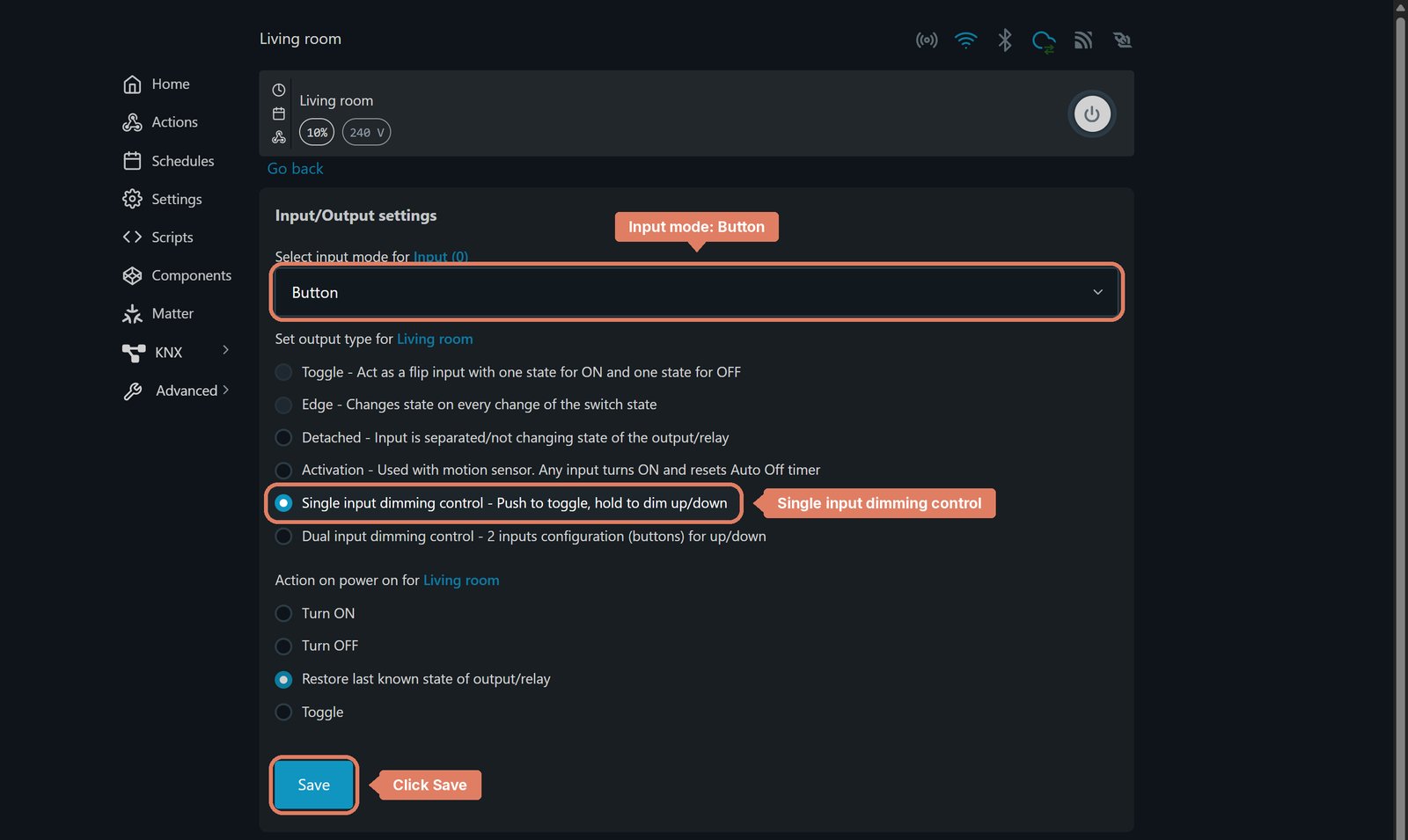 Shelly local web interface Input/Output settings for Living room, with Button, Single input dimming control and Save marked.