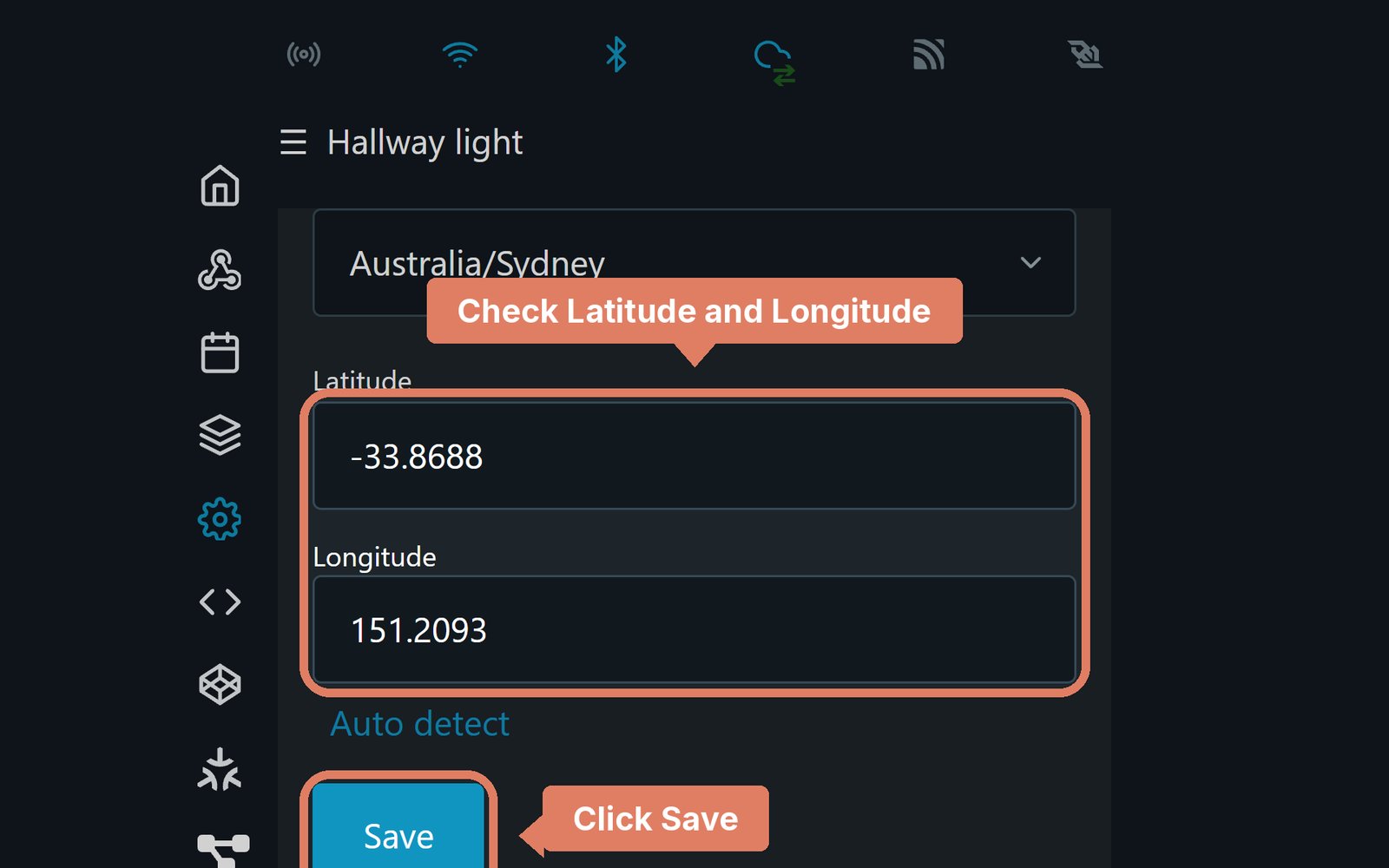 The Shelly web page's Location and time settings, with Latitude, Longitude and Save marked