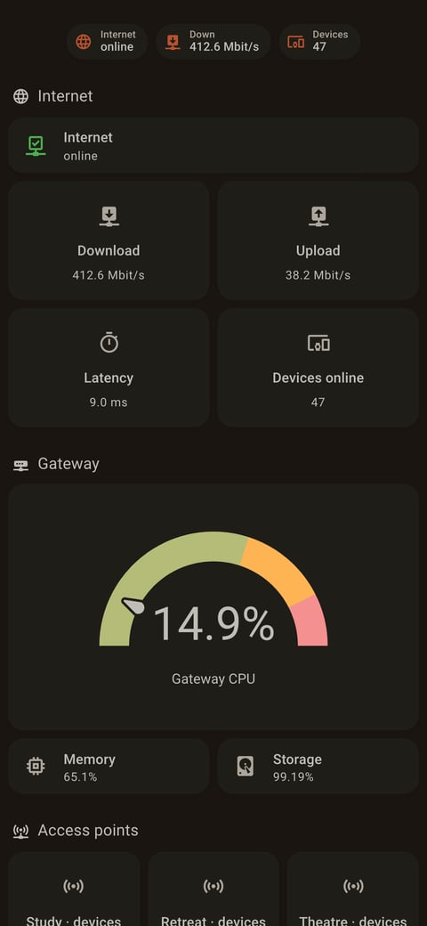 Home Assistant network lab dashboard running the Warm Burnout theme (Dark), on a phone