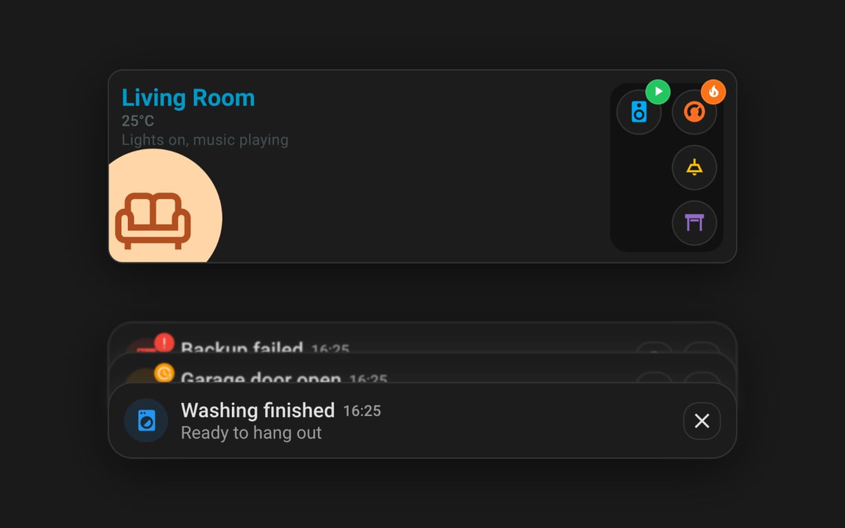 The polamoros Room card and Stacked notification card for Home Assistant, stacked on a dark ground