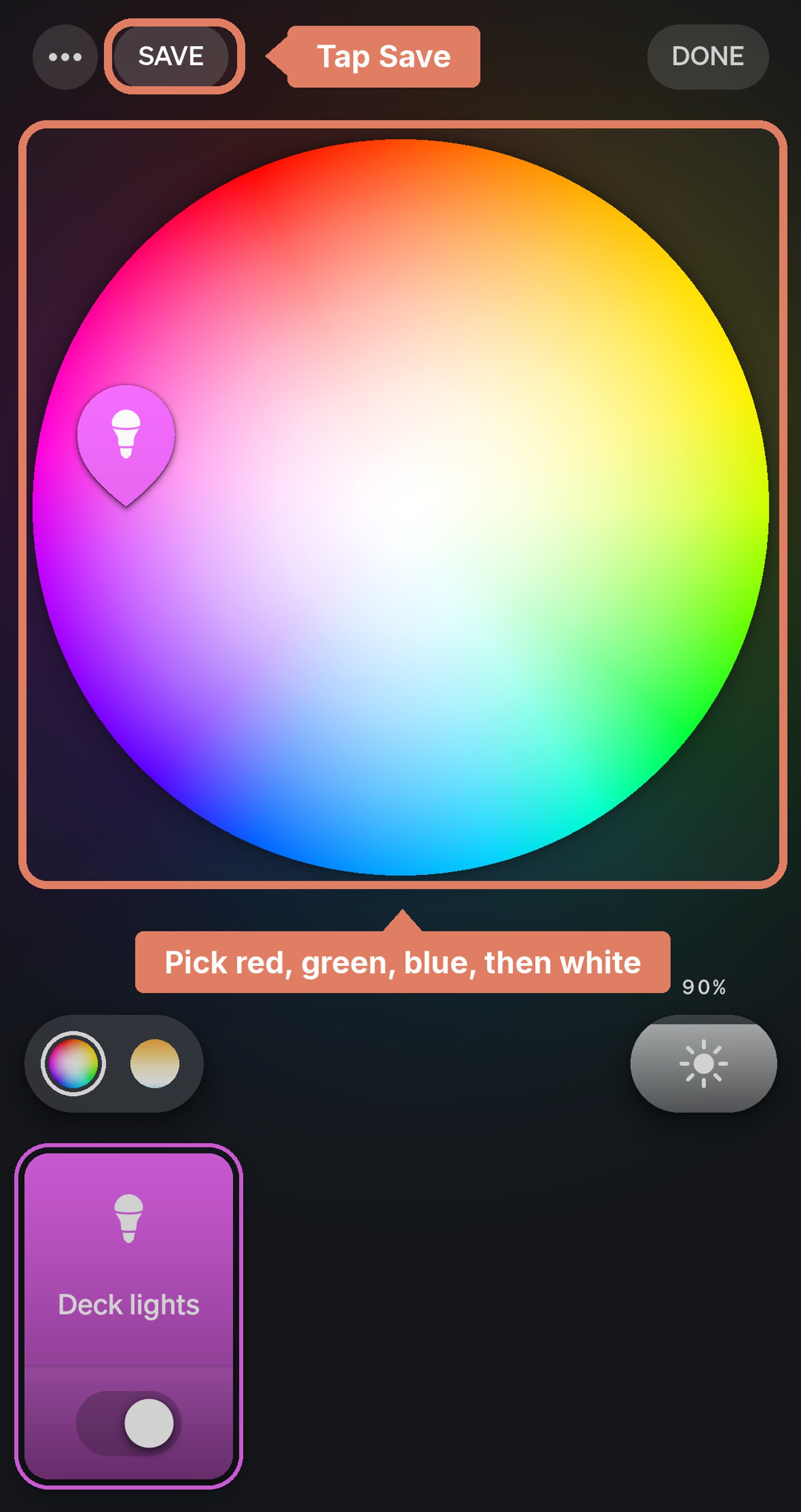 Philips Hue app colour wheel for Deck lights, labelled to pick red, green, blue then white, with Save marked.