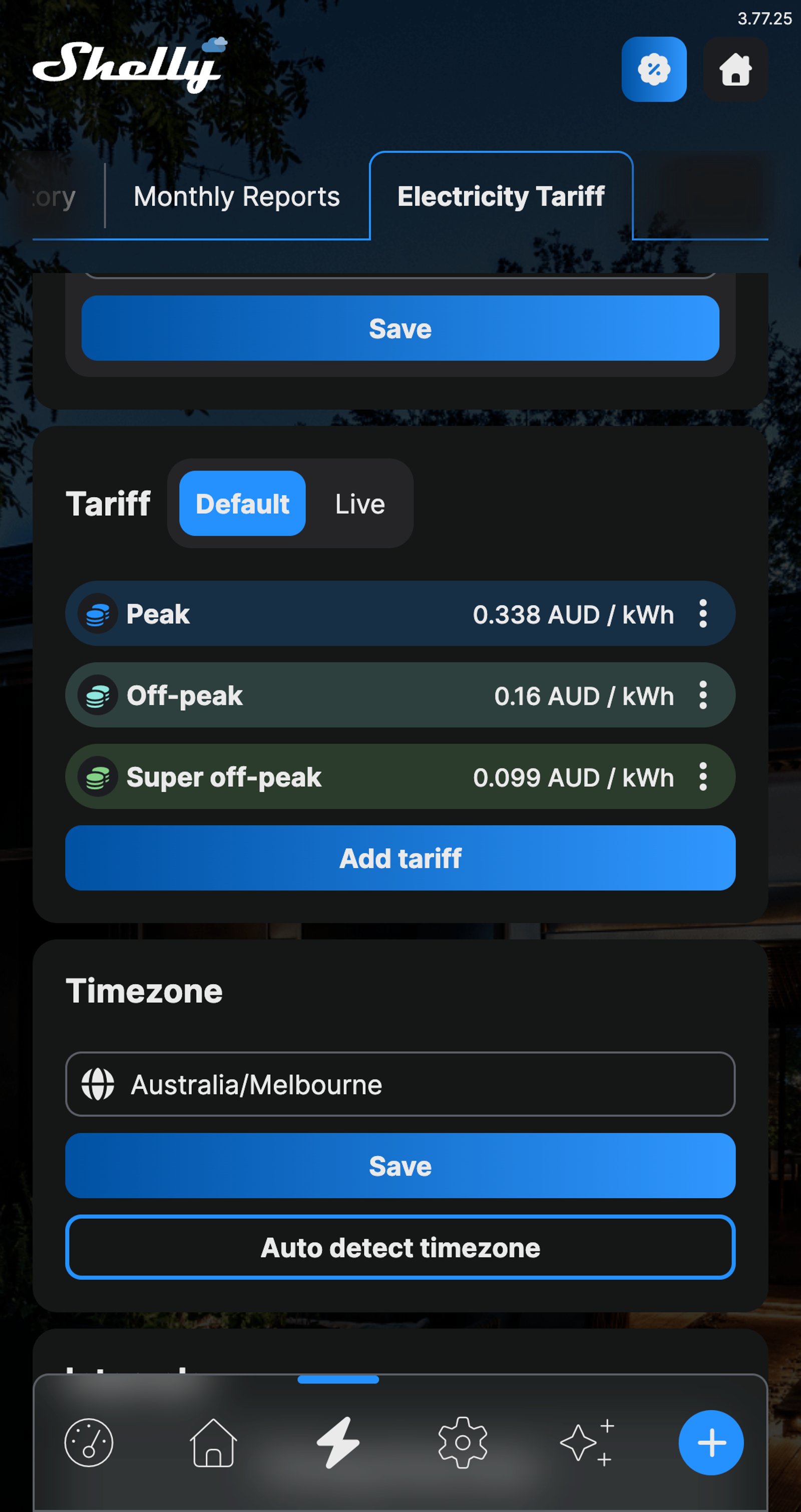 Shelly app Tariff list on the Default tab showing Peak at 0.338, Off-peak at 0.16 and Super off-peak at 0.099 AUD per kWh.