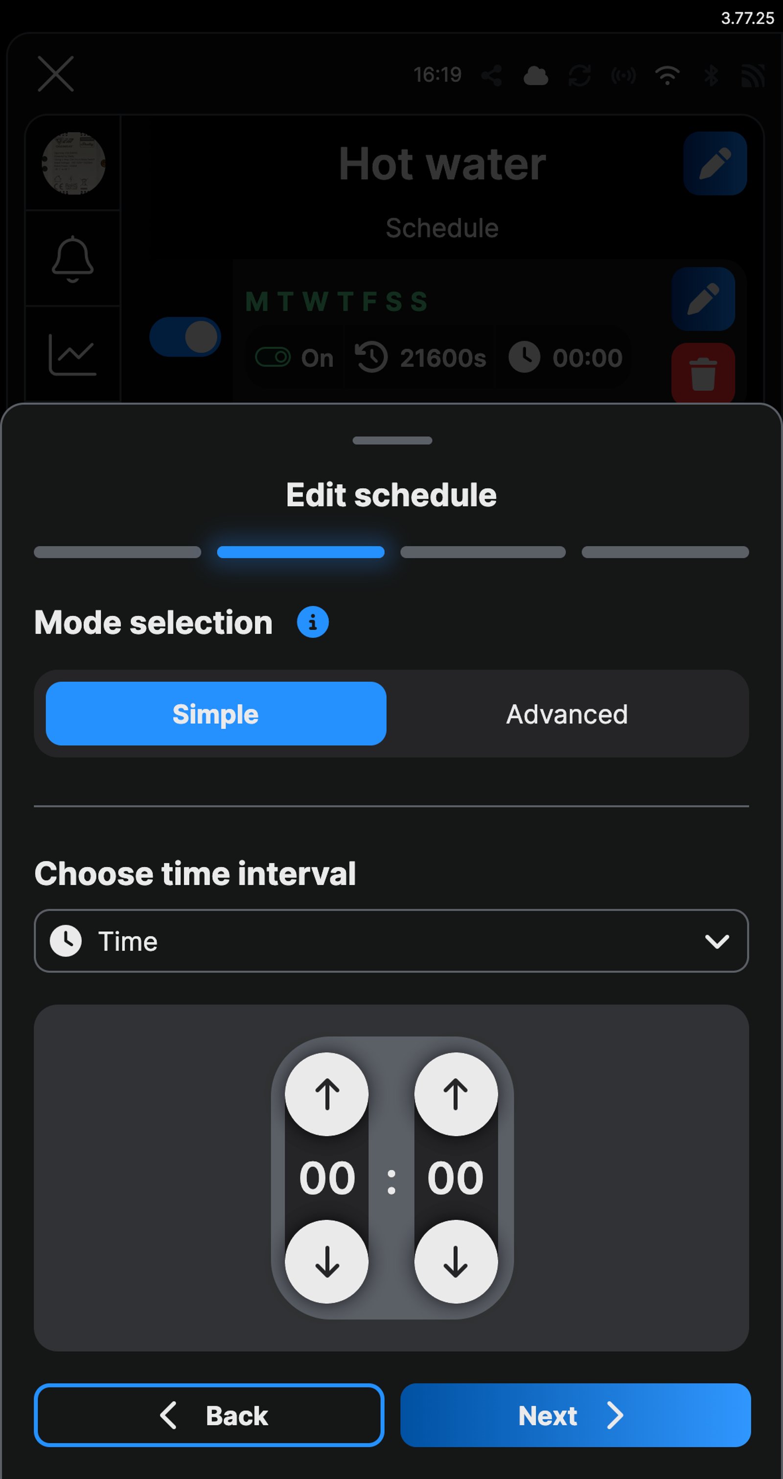 Shelly app Edit schedule screen for an Ogemray 25A named Hot water, with Time chosen and set to 00:00.