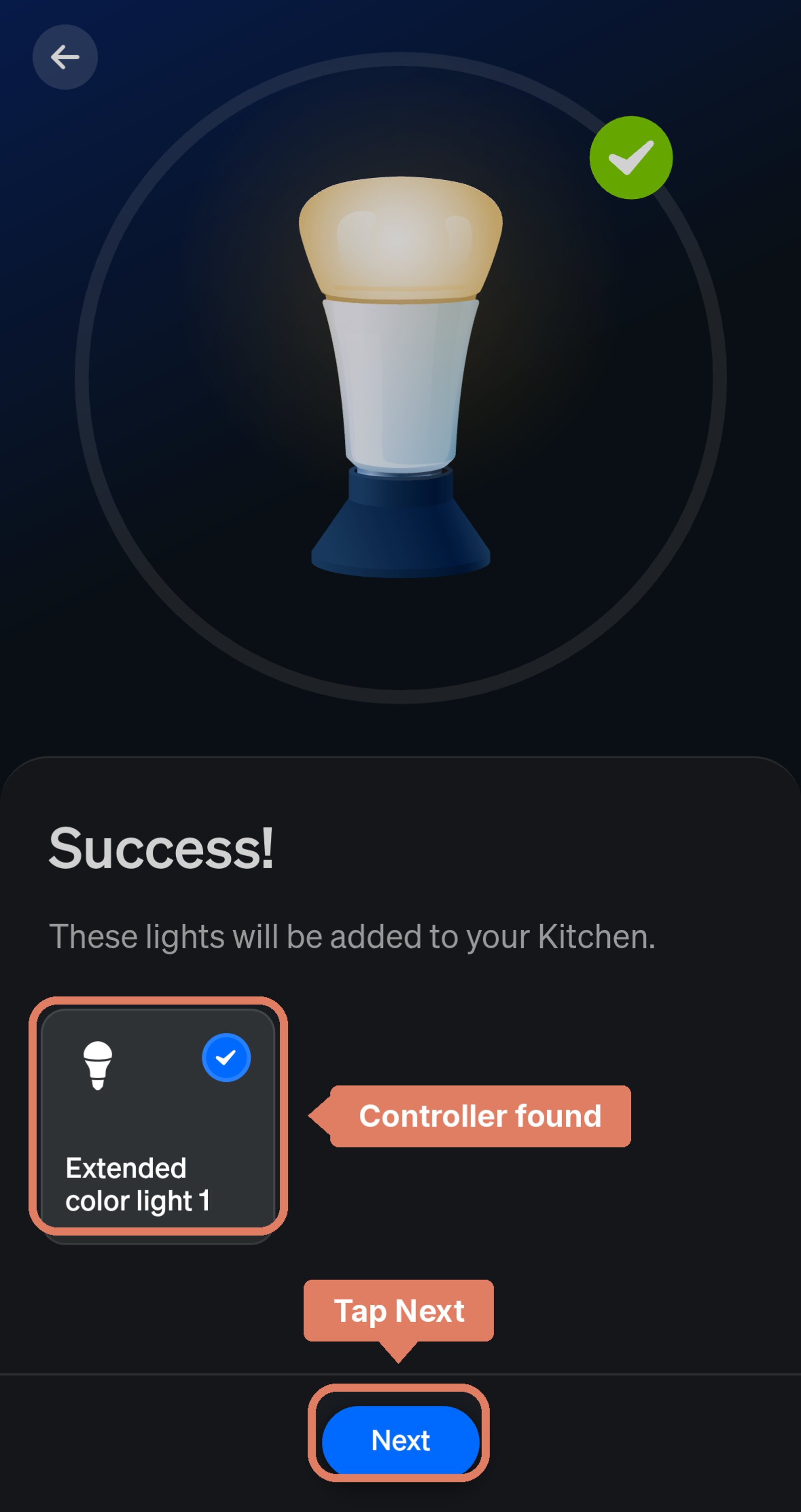 Philips Hue app search result reading Success, with the controller found as Extended color light 1 and Next marked.