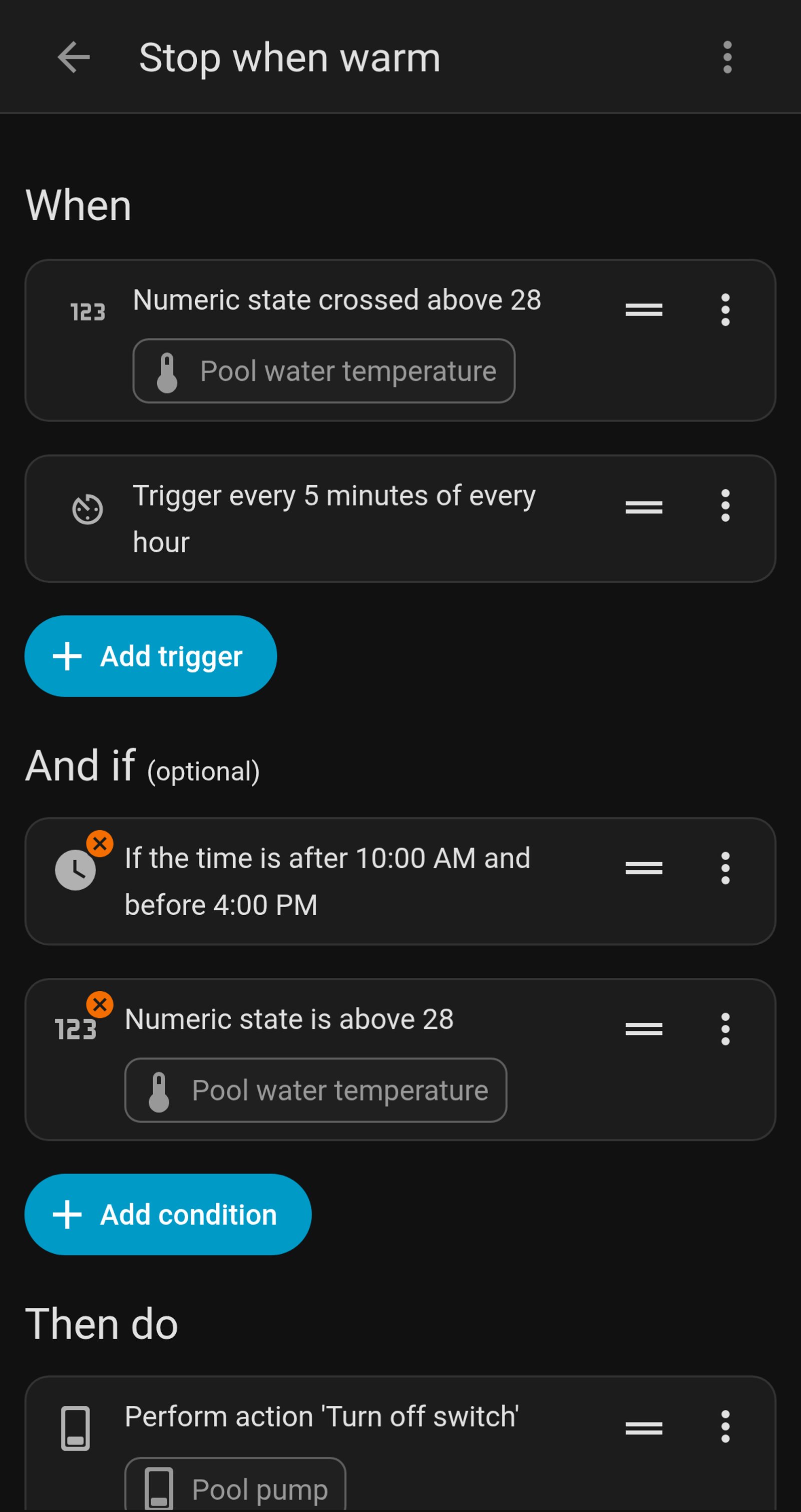 Home Assistant automation editor for Stop when warm: triggers when Pool water temperature crosses above 28 and every 5 minutes, only between 10:00 AM and 4:00 PM while it is above 28, then turns off the Pool pump switch.