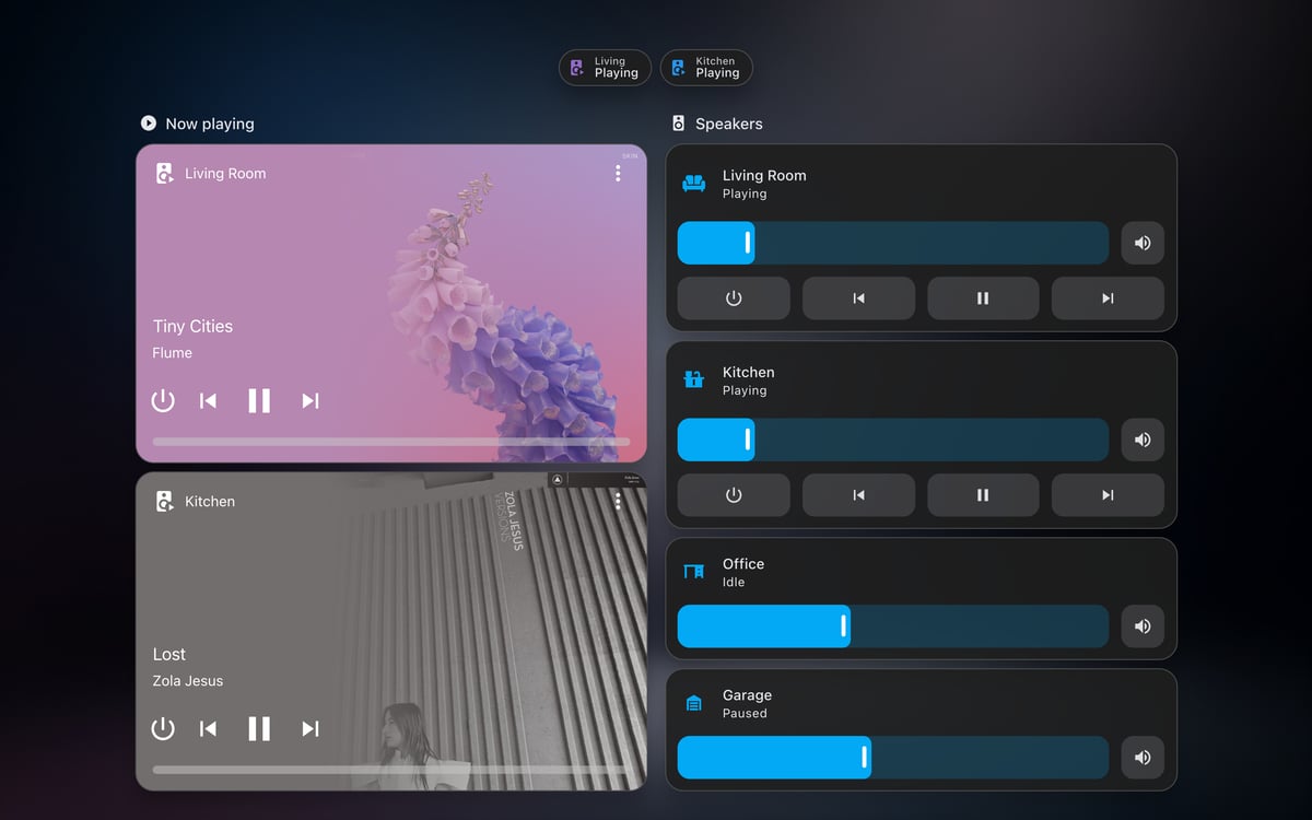 Home Assistant media lab dashboard running the Frosted Glass theme (Lite dark), on desktop