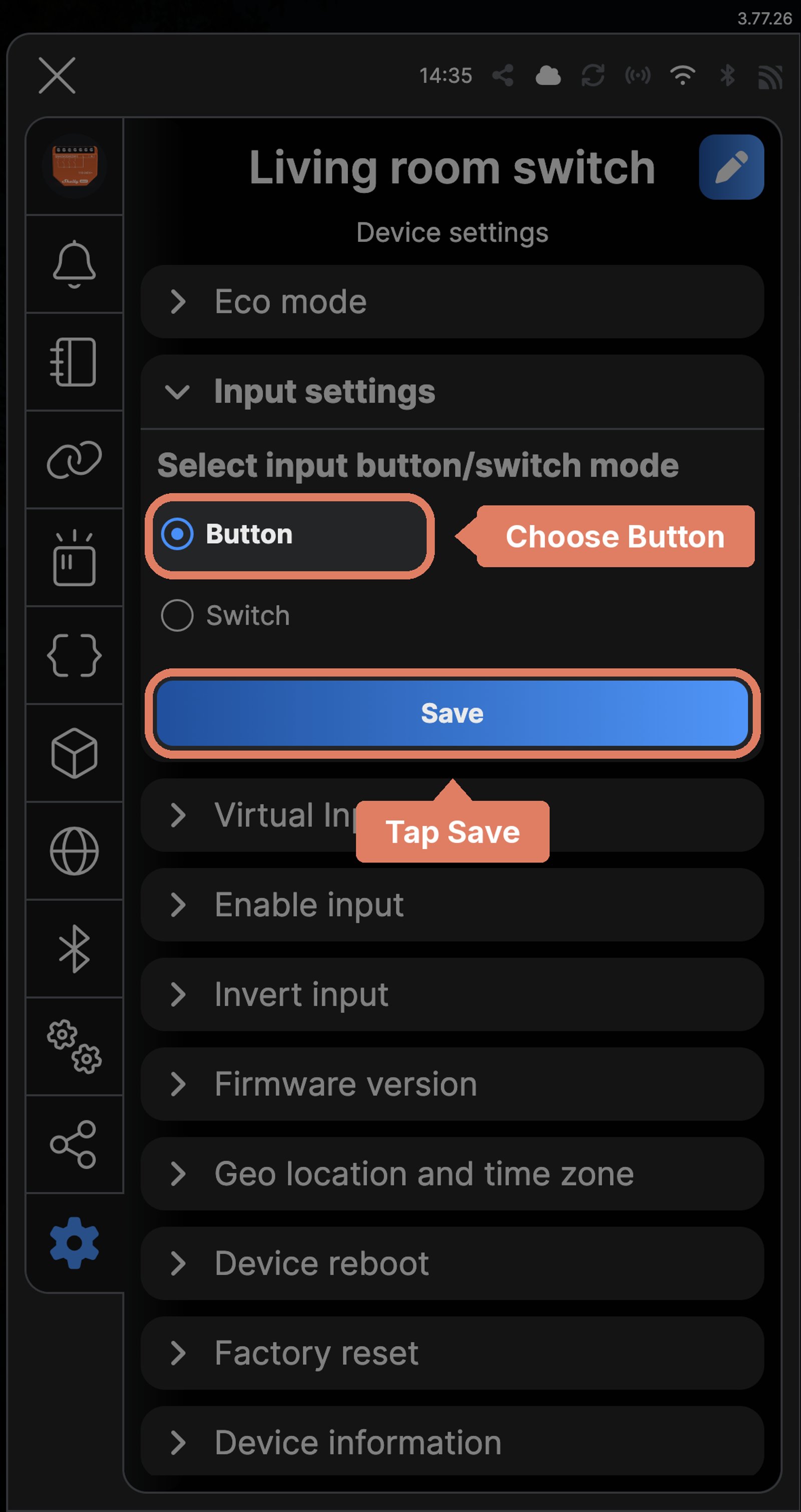 Shelly app Input settings for Living room switch with Button chosen, and Save marked.