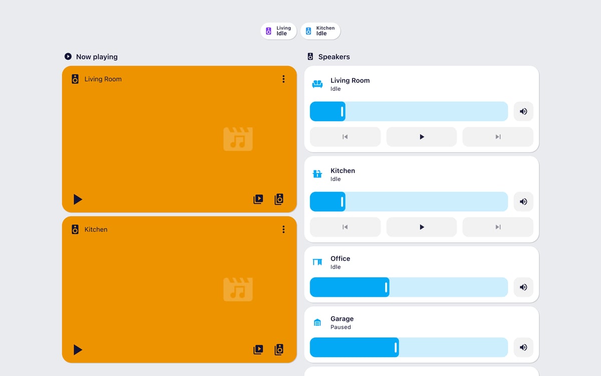Home Assistant media lab dashboard running the Graphite theme (Light), on desktop