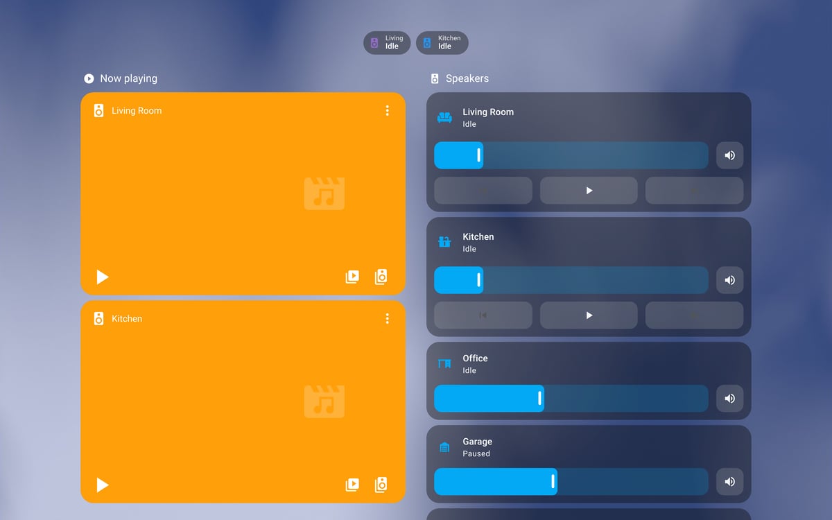 Home Assistant media lab dashboard running the iOS Themes theme (Dark), on desktop