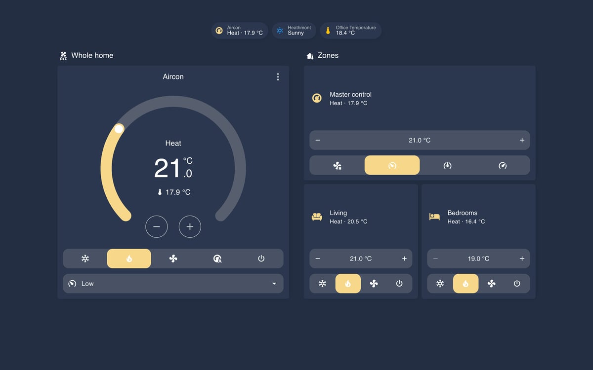Home Assistant aircon lab dashboard running the Noctis theme (Dark), on desktop