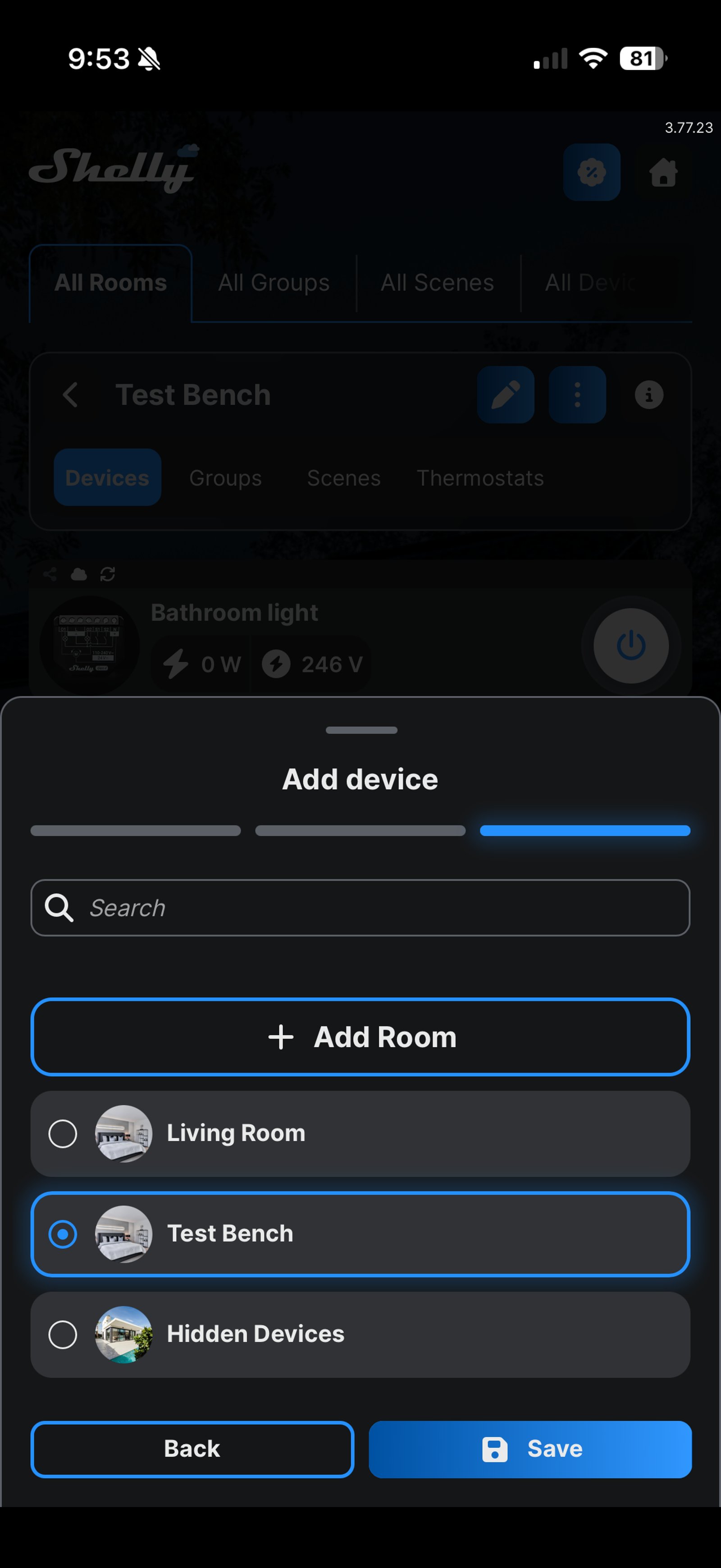 Shelly Smart Control room picker with Test Bench selected and a Save button