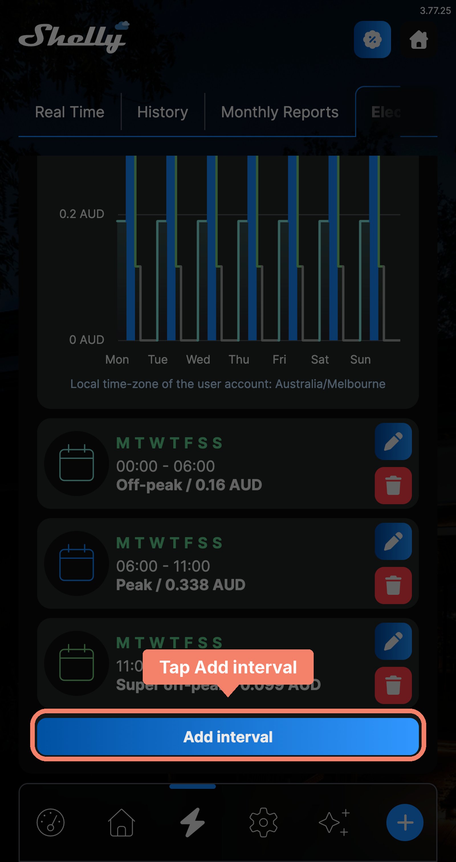 Shelly app Intervals list with three intervals set and the Add interval button marked.