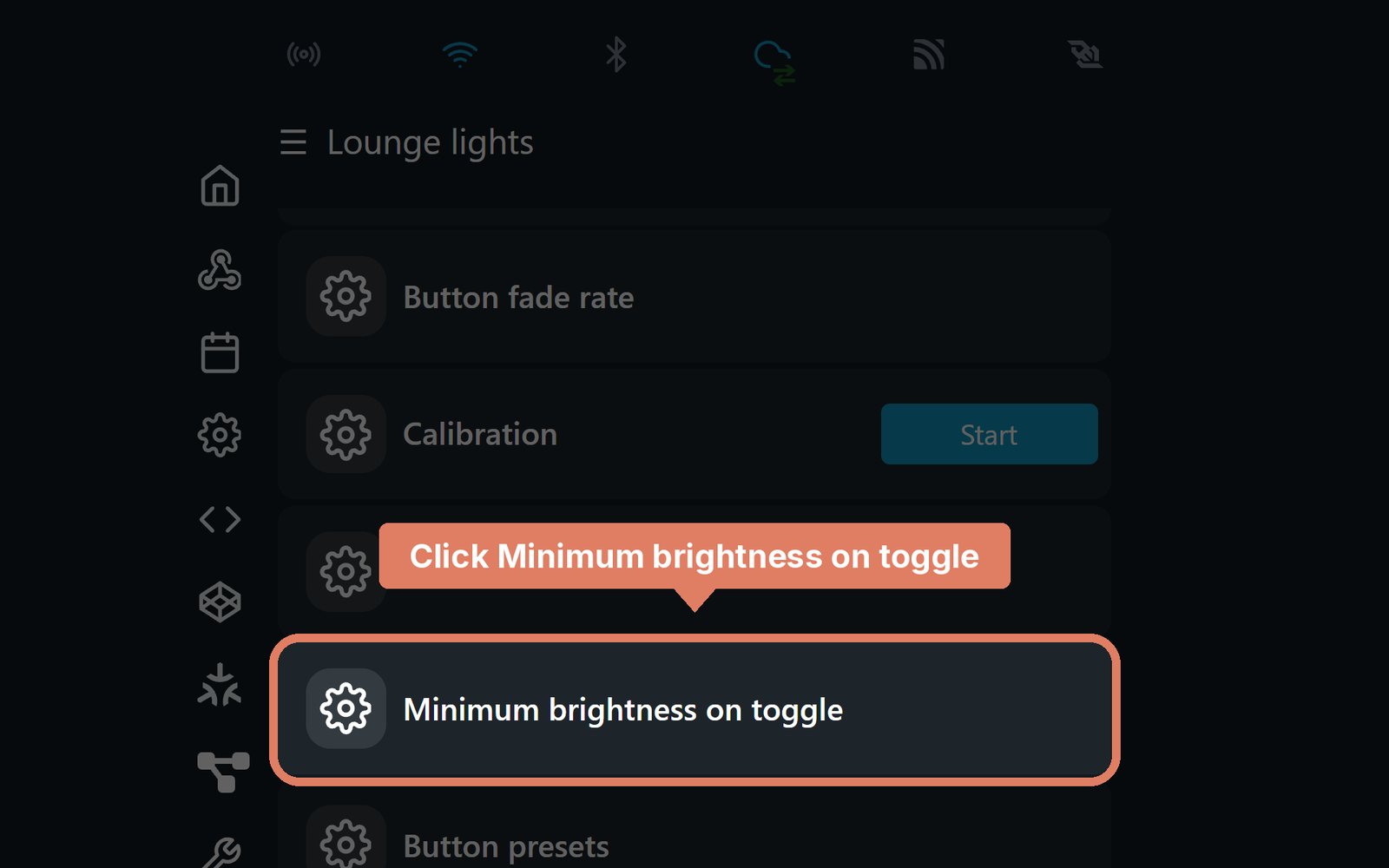 The Shelly Dimmer Gen4 web page's light settings, with Minimum brightness on toggle marked