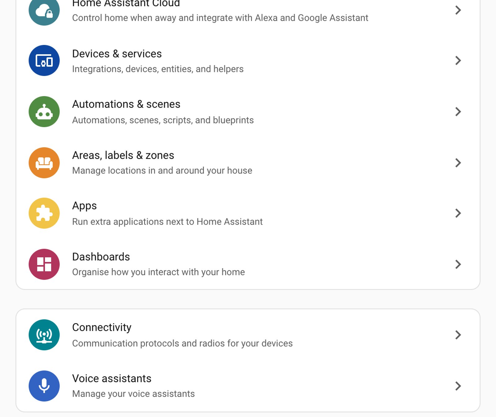 The Home Assistant 2026.9 settings menu, showing the new Connectivity item with Tags folded into it