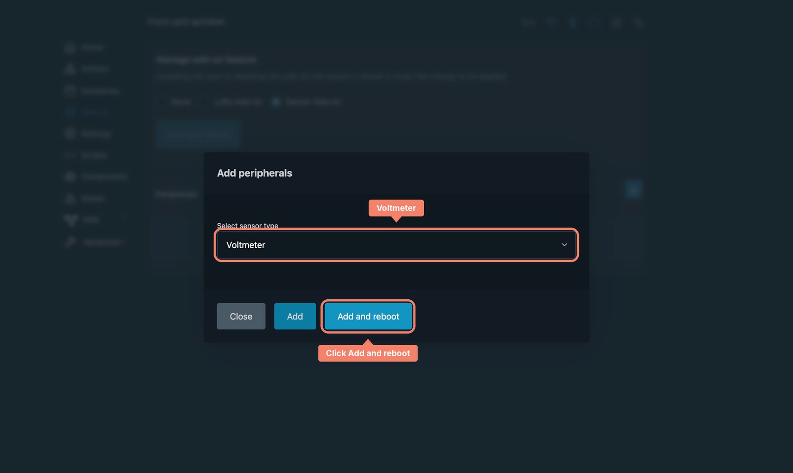 Shelly local web interface Add peripherals dialog with Voltmeter labelled and Add and reboot marked.