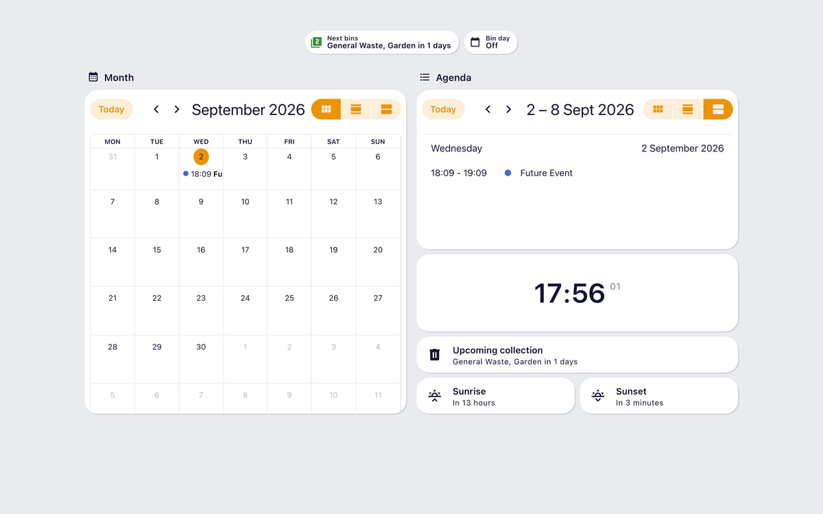 Home Assistant calendar lab dashboard running the Graphite theme (Light), on desktop