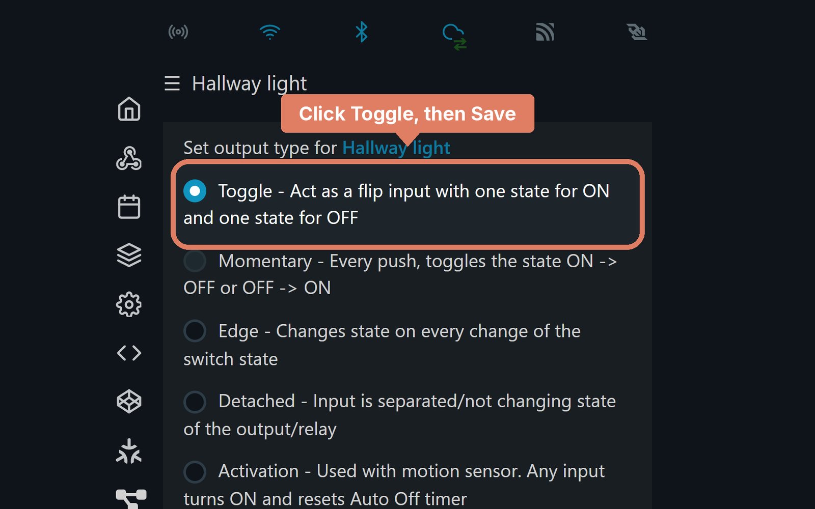 The Shelly web page's Input/Output settings, with the Toggle output type marked