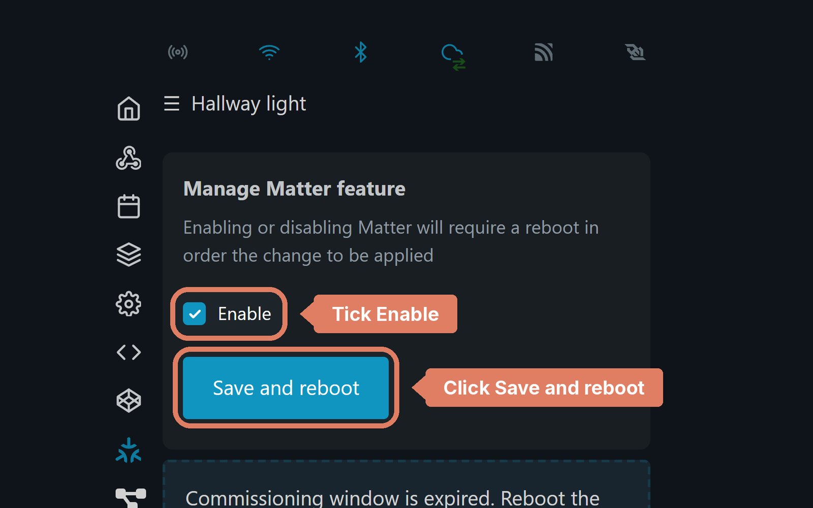 The Shelly web page's Matter page, with Enable and Save and reboot marked