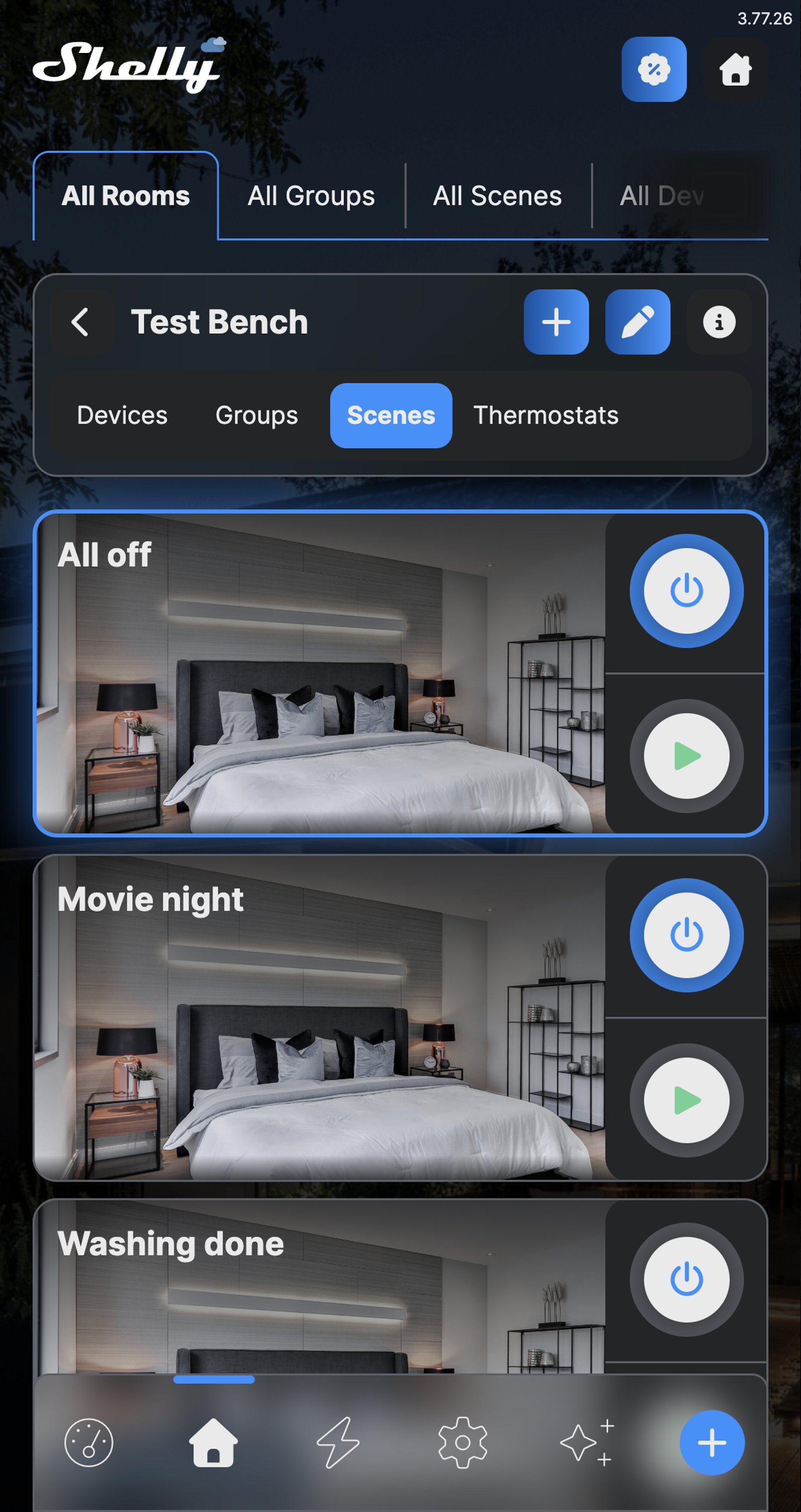 Shelly app Scenes tab listing All off and Movie night.