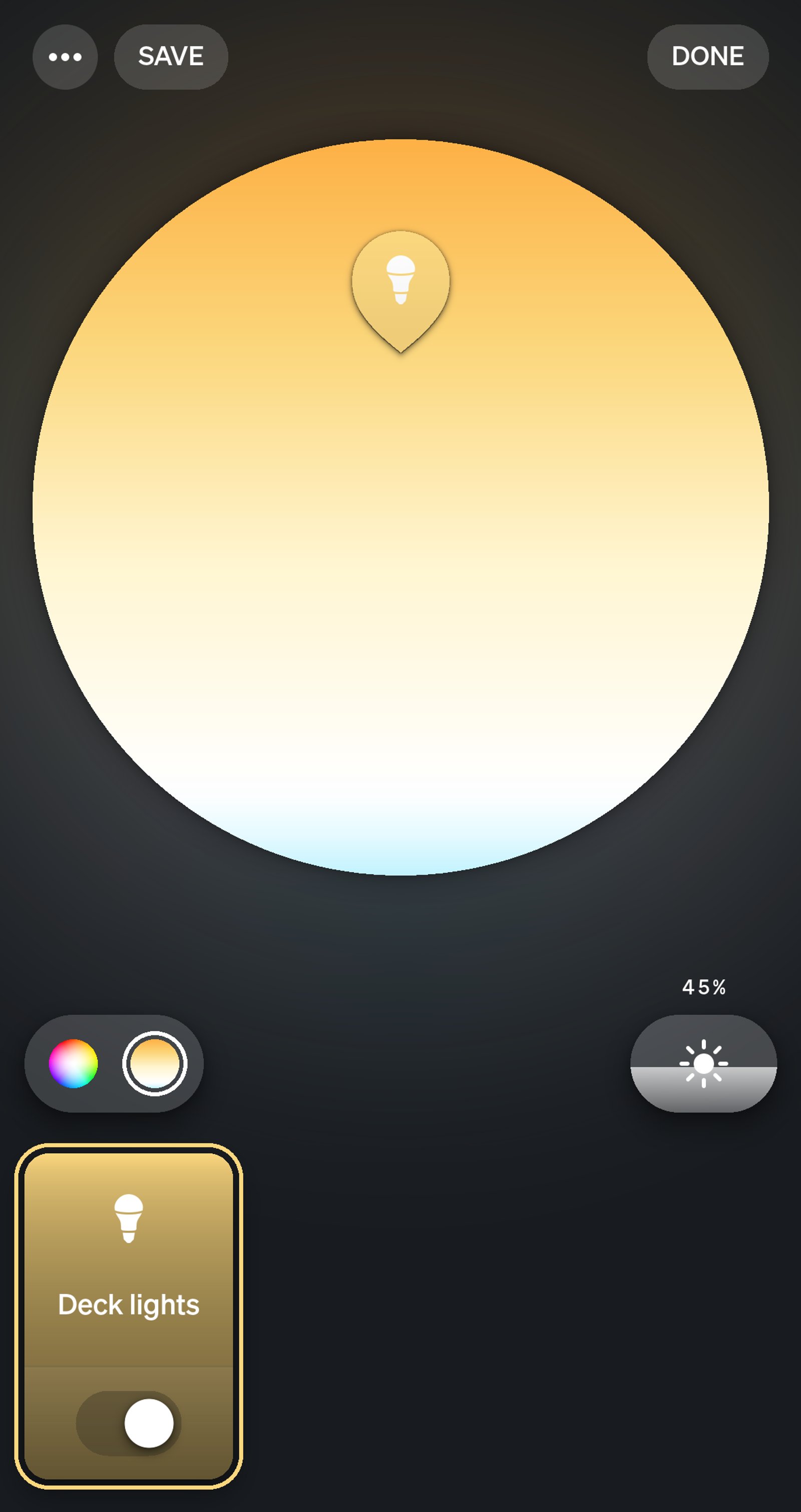 Philips Hue app white picker for Deck lights, set to a warm white at 45%.