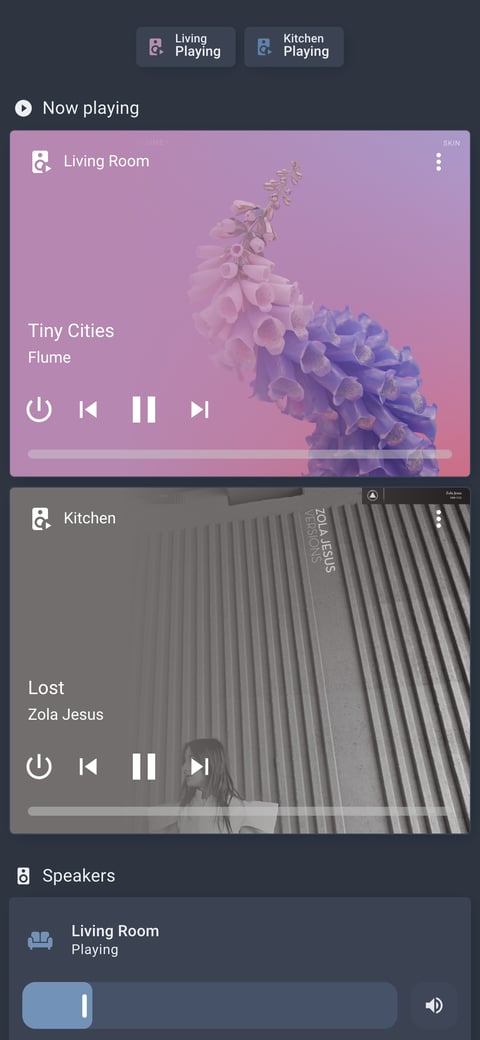 Home Assistant media lab dashboard running the Nordic theme (Dark), on a phone