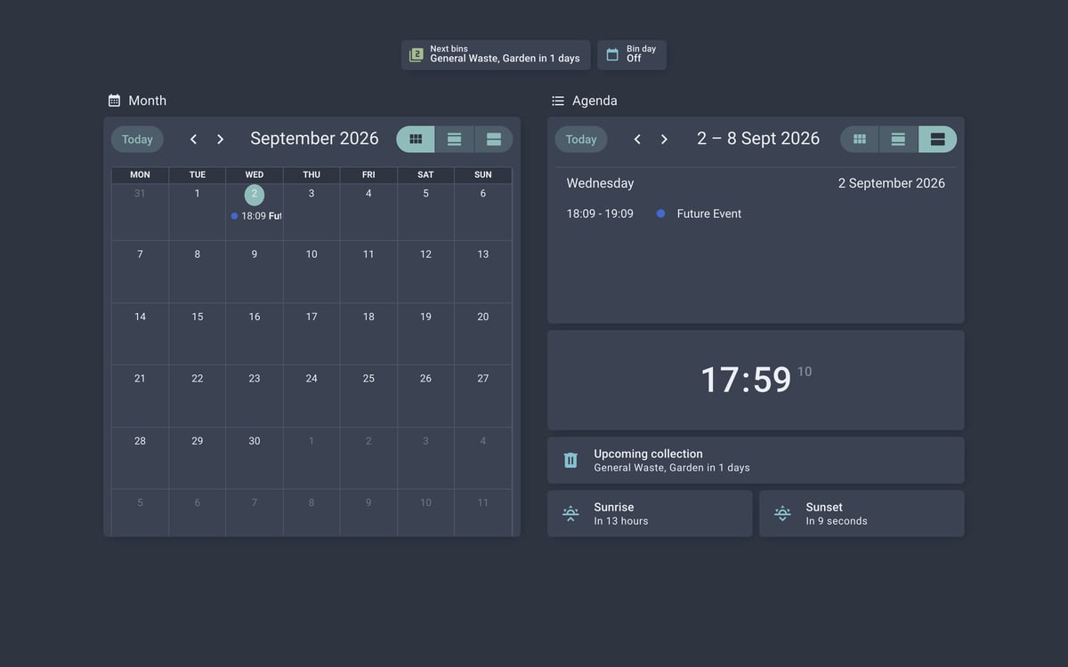 Home Assistant calendar lab dashboard running the Nordic theme (Dark), on desktop