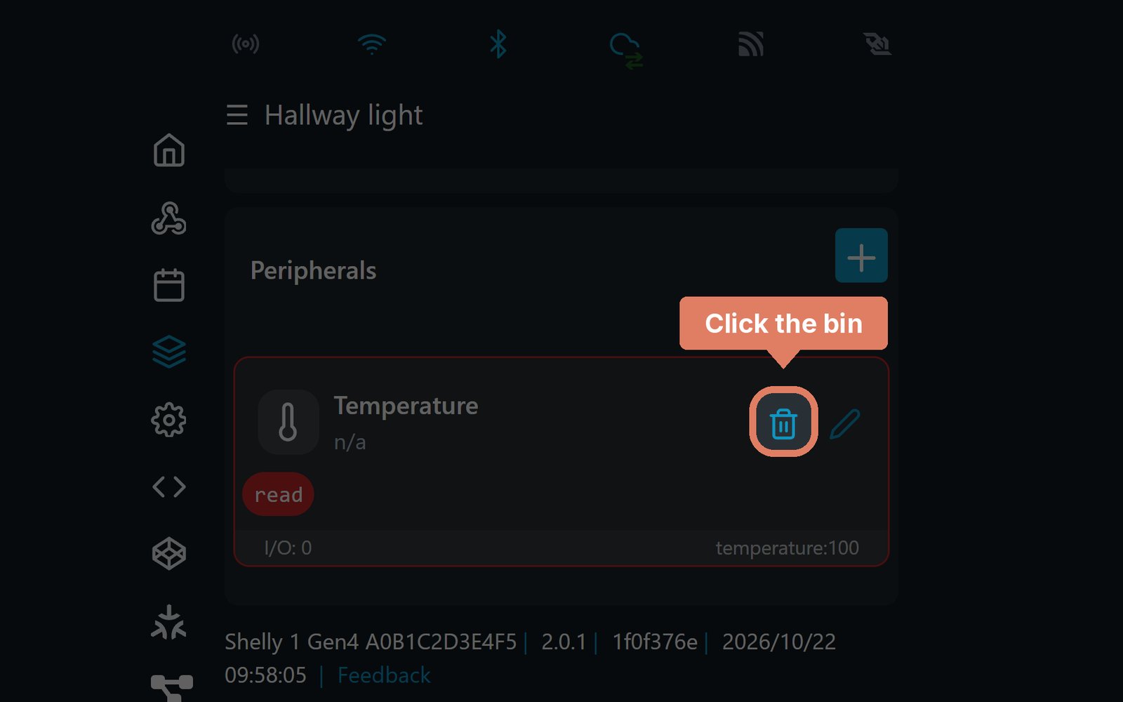 The Shelly web page's Add-on page, with the probe's delete button marked