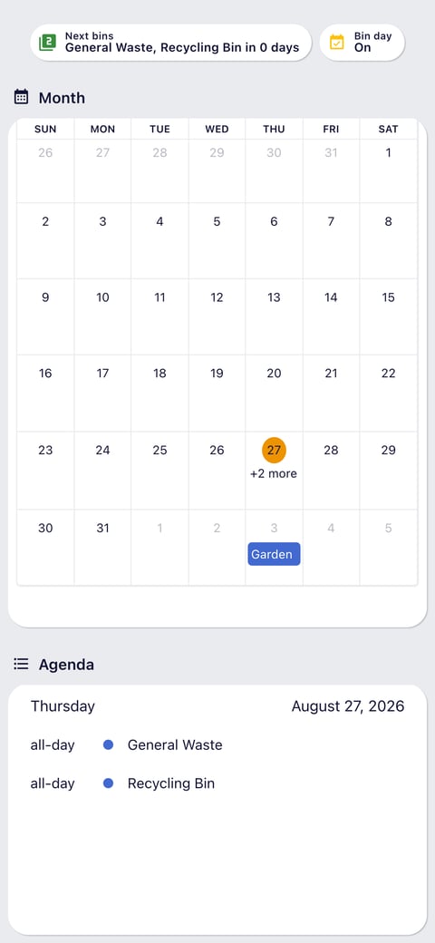 Home Assistant calendar lab dashboard running the Graphite theme (Light), on a phone