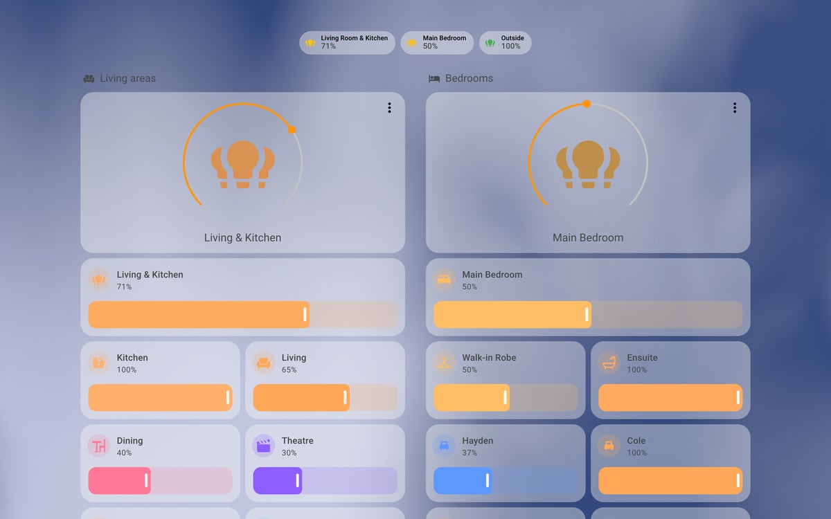 Home Assistant lights lab dashboard running the iOS Themes theme (Light), on desktop