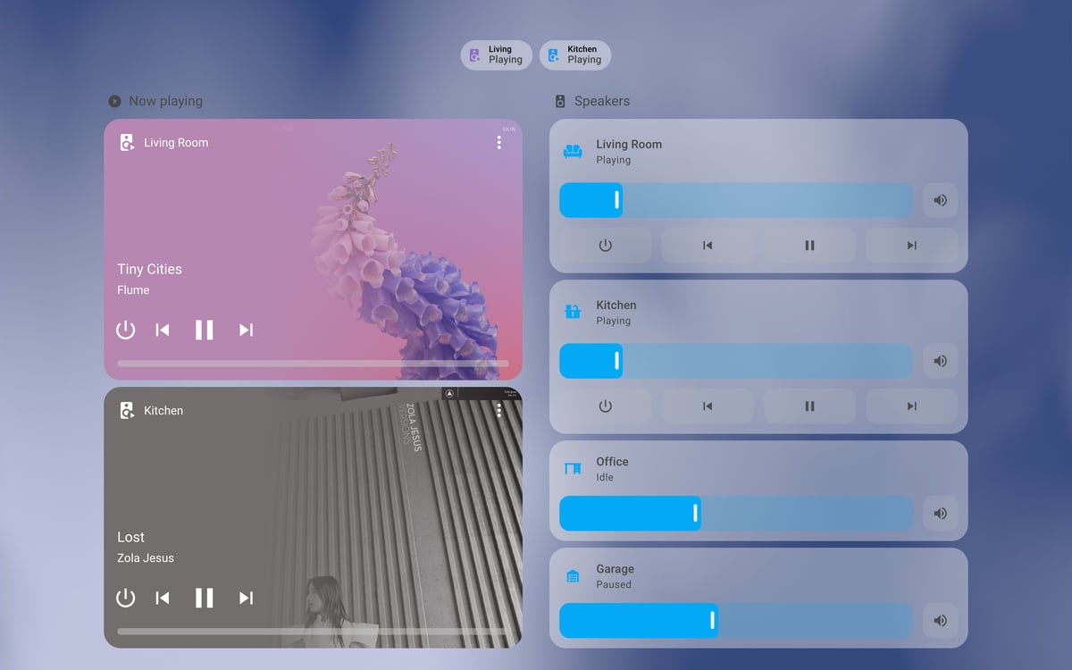Home Assistant media lab dashboard running the iOS Themes theme (Light), on desktop