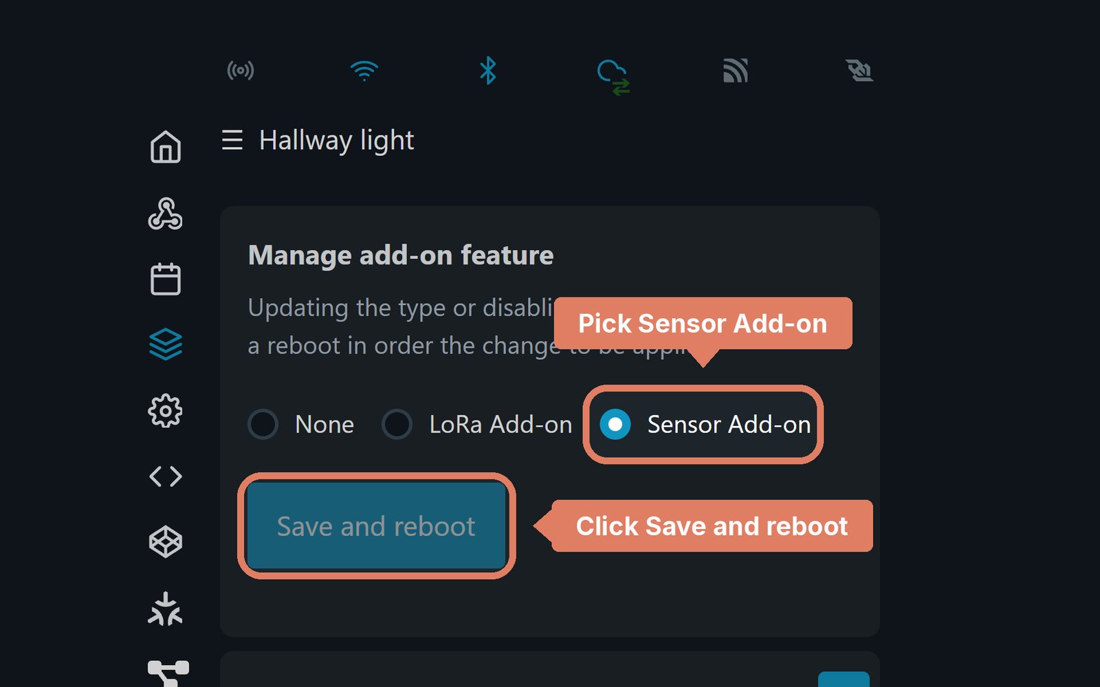 The Shelly web page's Add-on page, with Sensor Add-on and Save and reboot marked