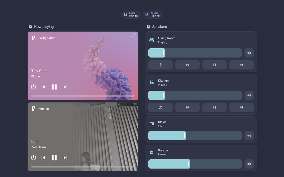 Home Assistant media lab dashboard running the Catppuccin theme (Frappe), on desktop