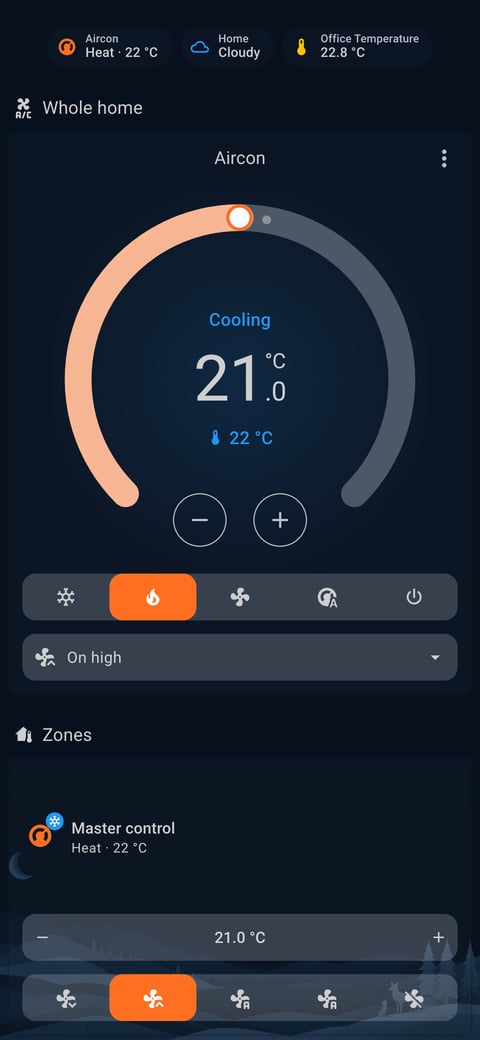 Home Assistant aircon lab dashboard running the Simple Dreams theme (Dark), on a phone