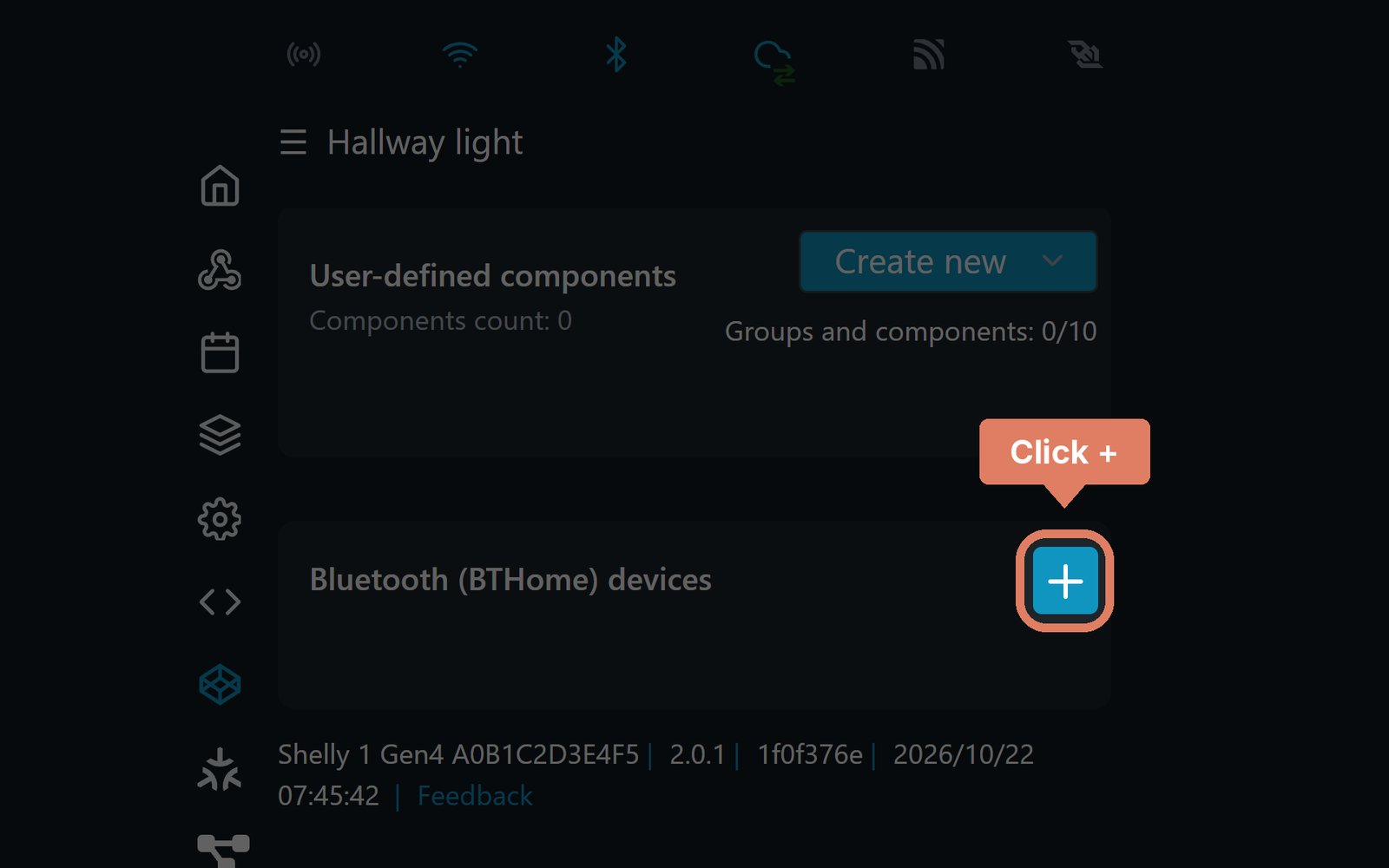 The Shelly web page's Components, with the + beside Bluetooth (BTHome) devices marked