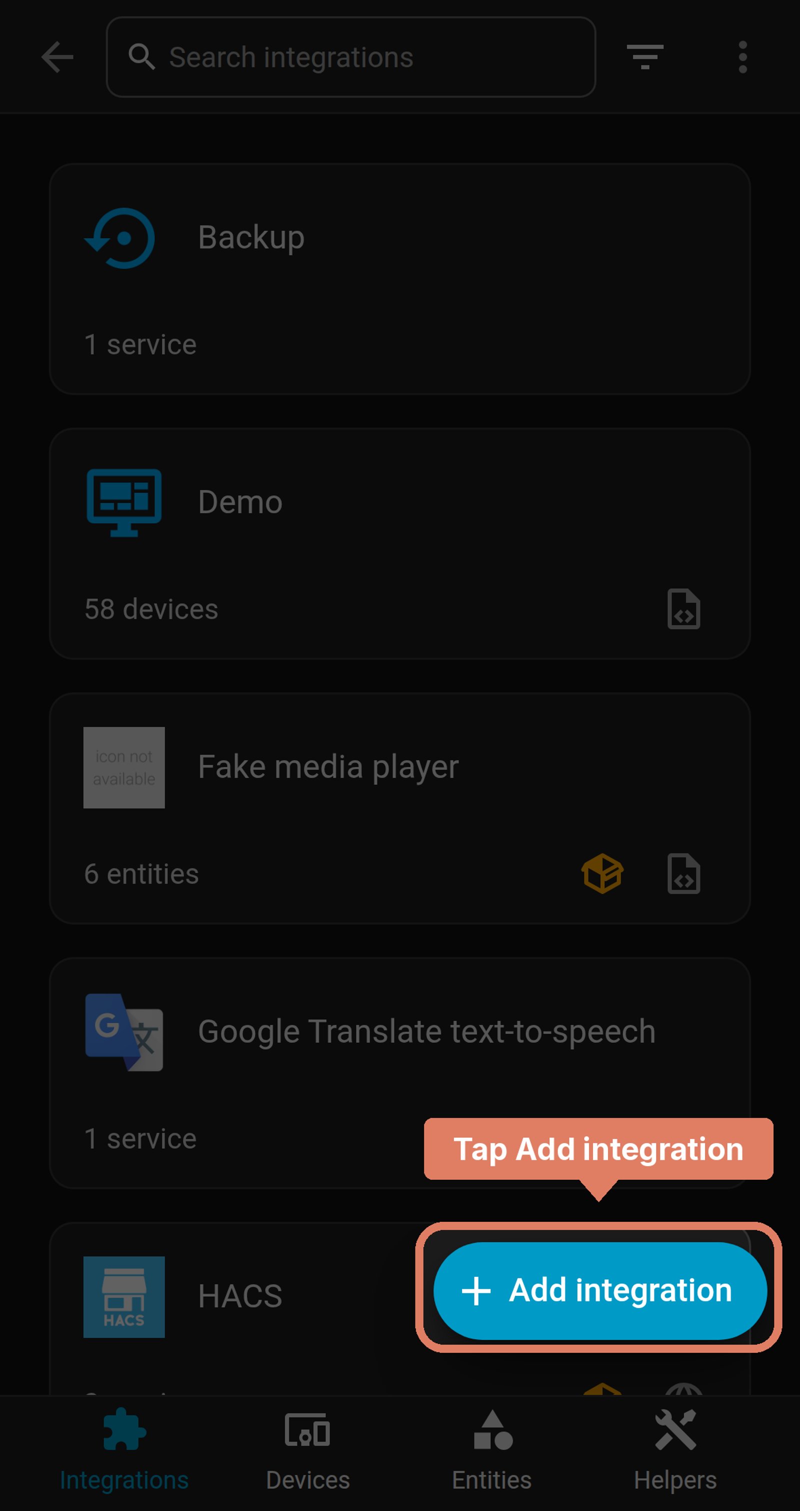 Home Assistant's Integrations page, with the Add integration button marked
