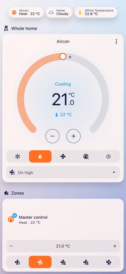 Home Assistant aircon lab dashboard running the Frosted Glass theme (Lite light), on a phone