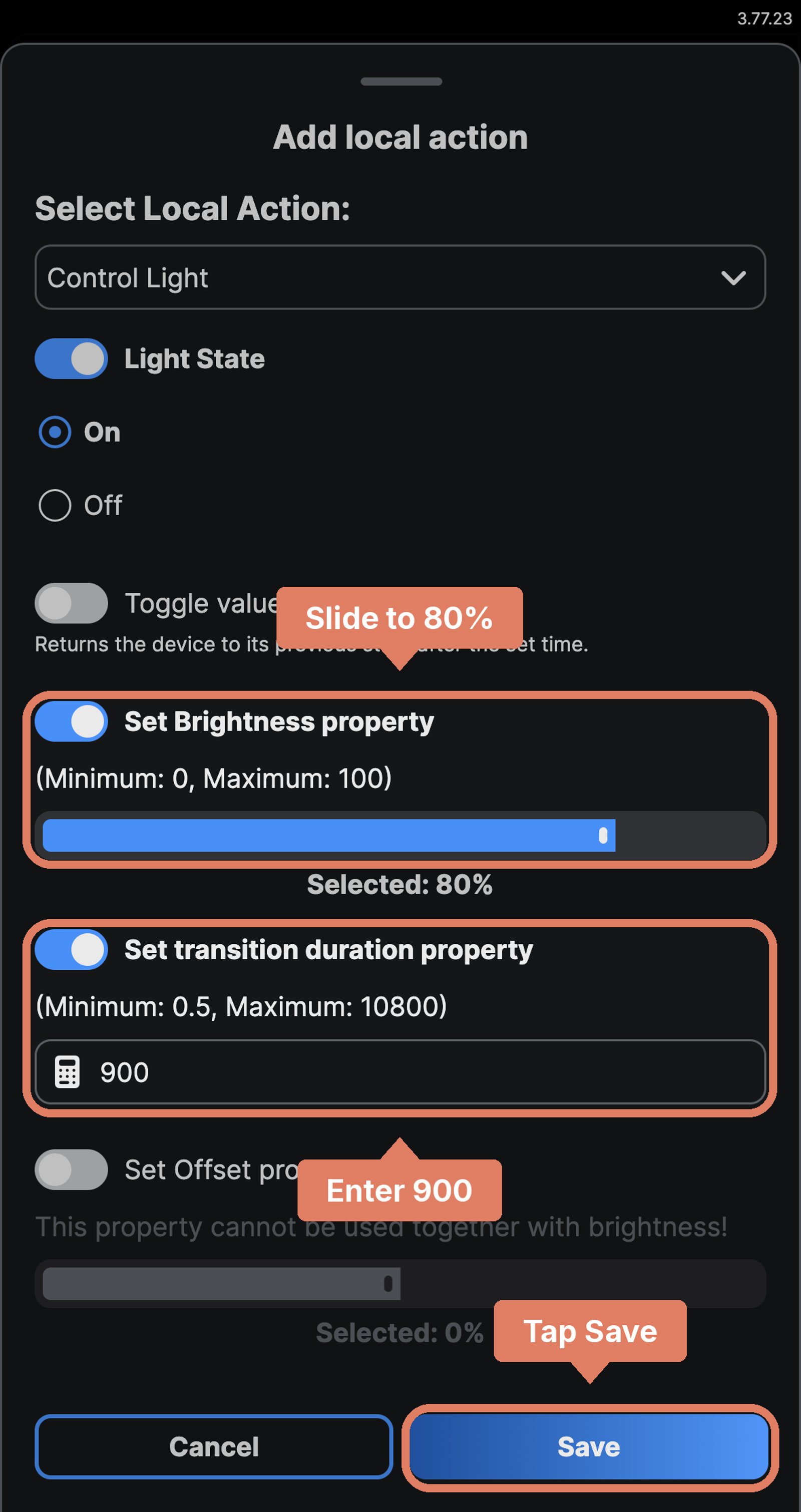 Shelly app Control Light action for Living room: on, brightness 80%, transition duration 900 seconds, with the brightness, the transition and Save marked.